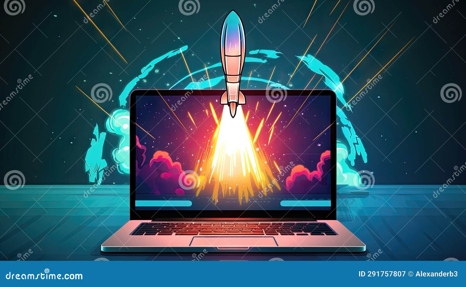 Laptop Screen Launches Rocket into Blue Sky a Vision of Innovative