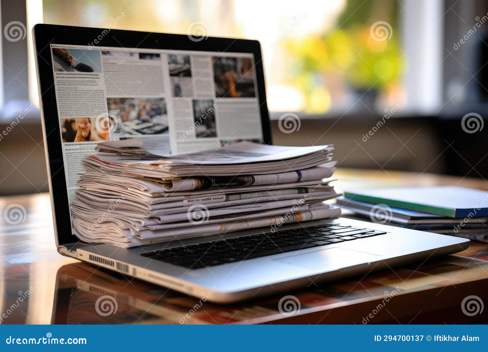 Laptop with Stack of Newspapers on the Table in the Office, Laptop and