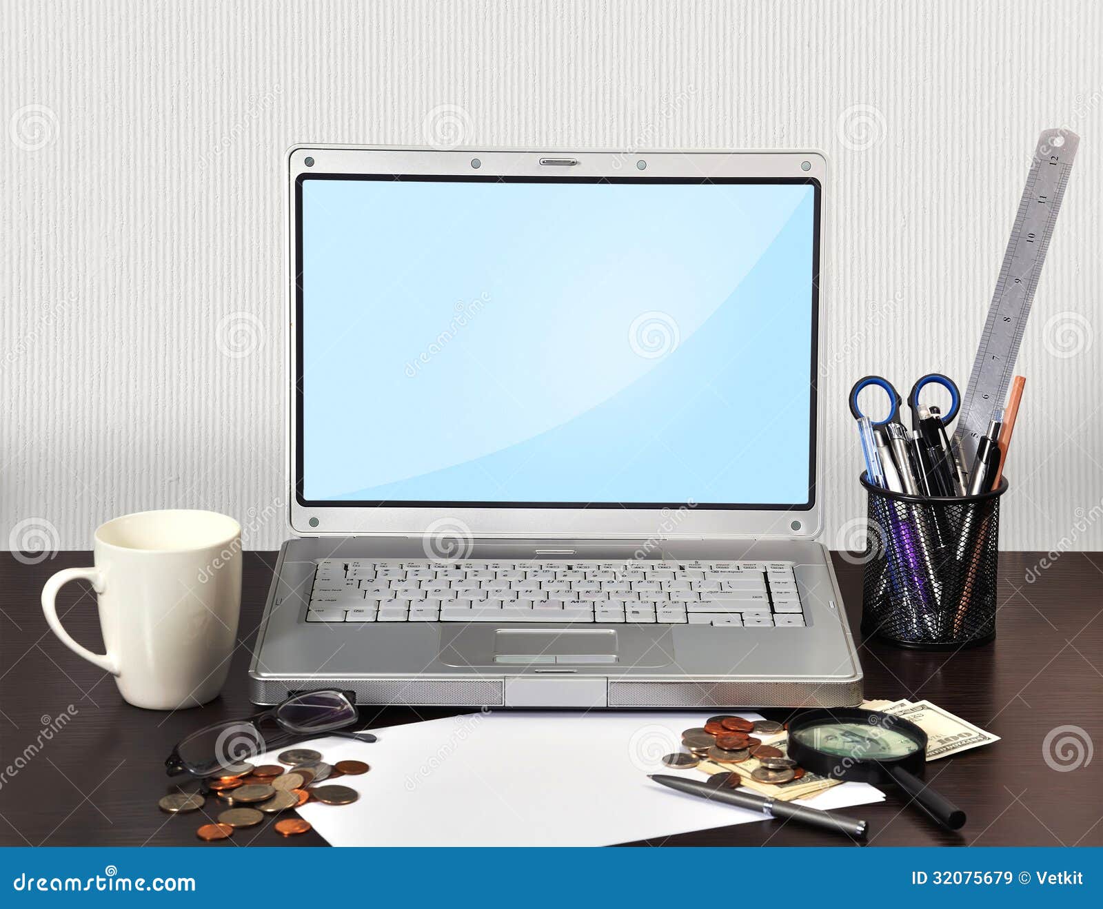 Laptop with stationery stock image. Image of portable 32075679