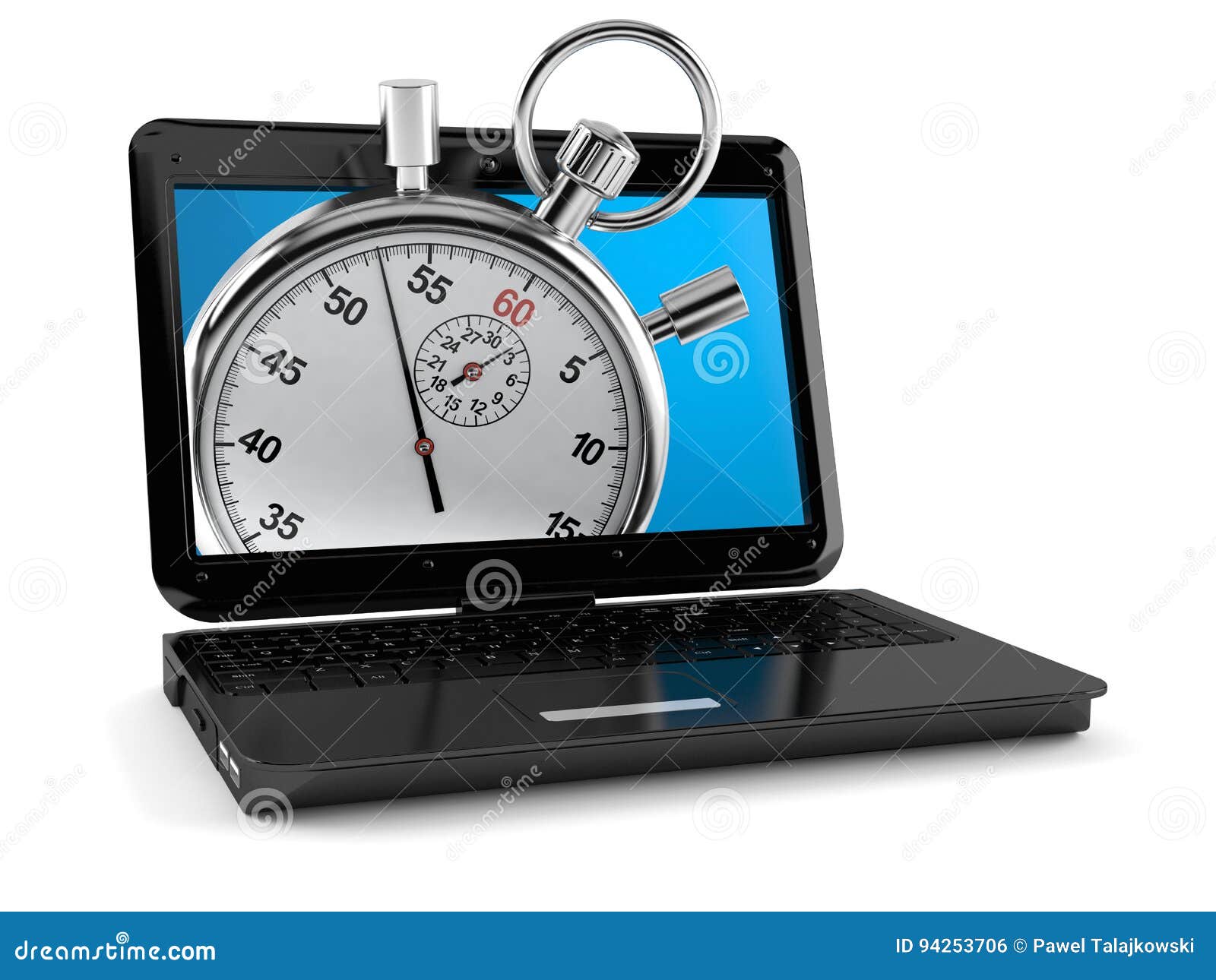 Laptop with stopwatch stock illustration. Illustration of background