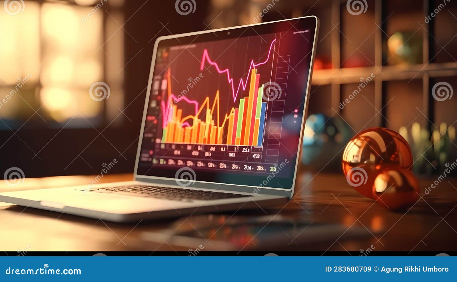 laptop with table and sales data economic growth graph on screen.