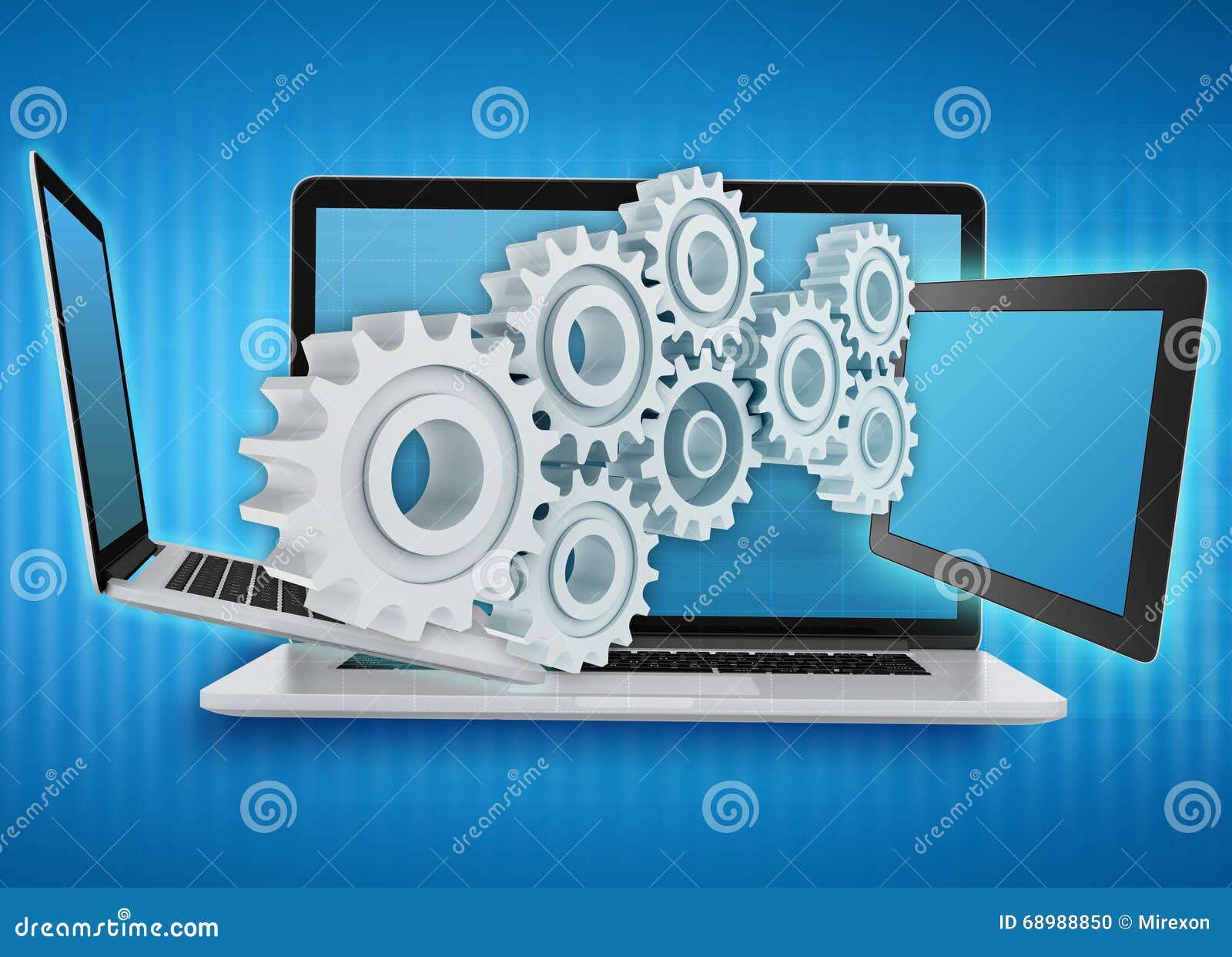 Laptop, Tablet With Gears. Repair And Service Of Electronics. Teamwork