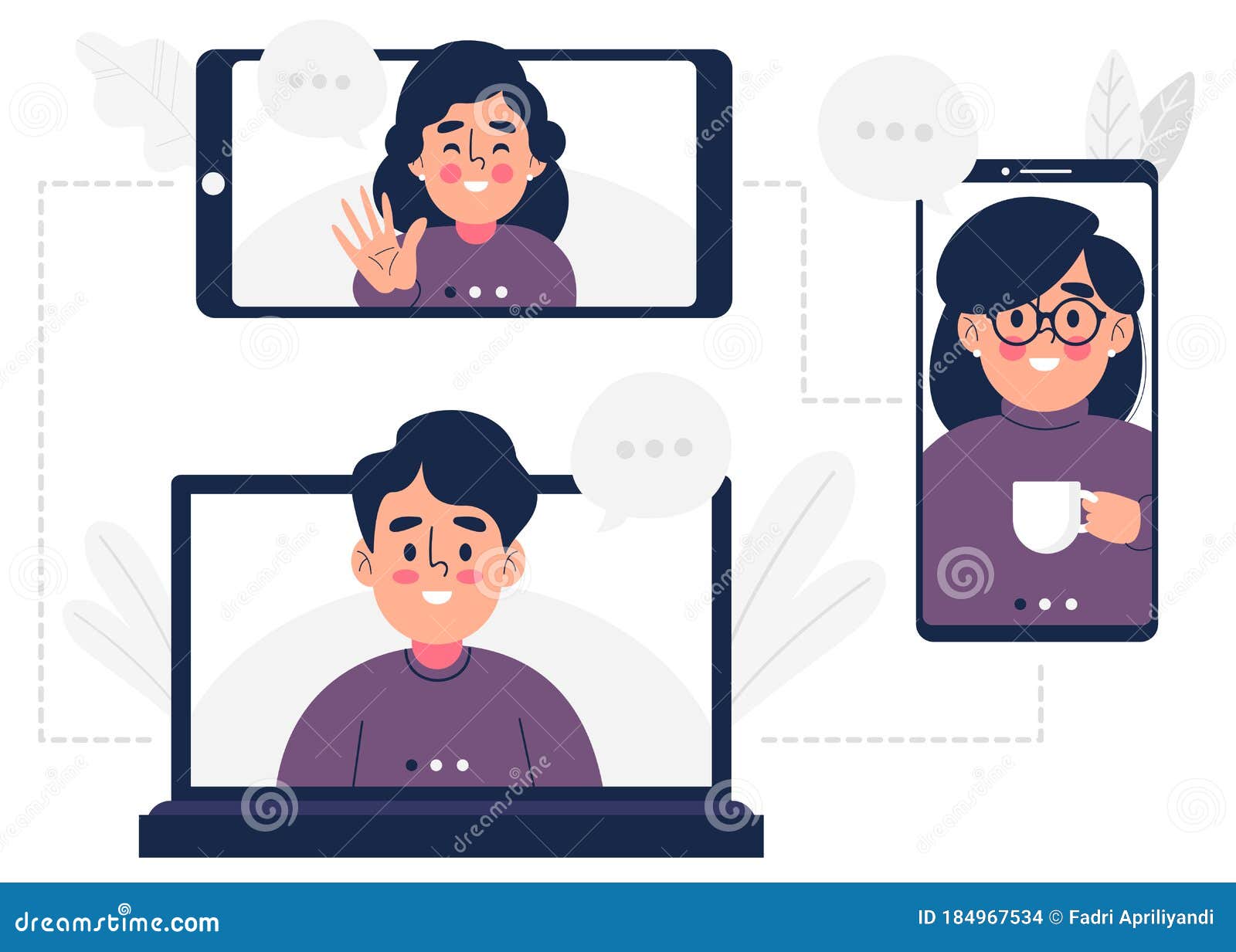 laptop, tablet and smartphone app video call friends group smiling happy together