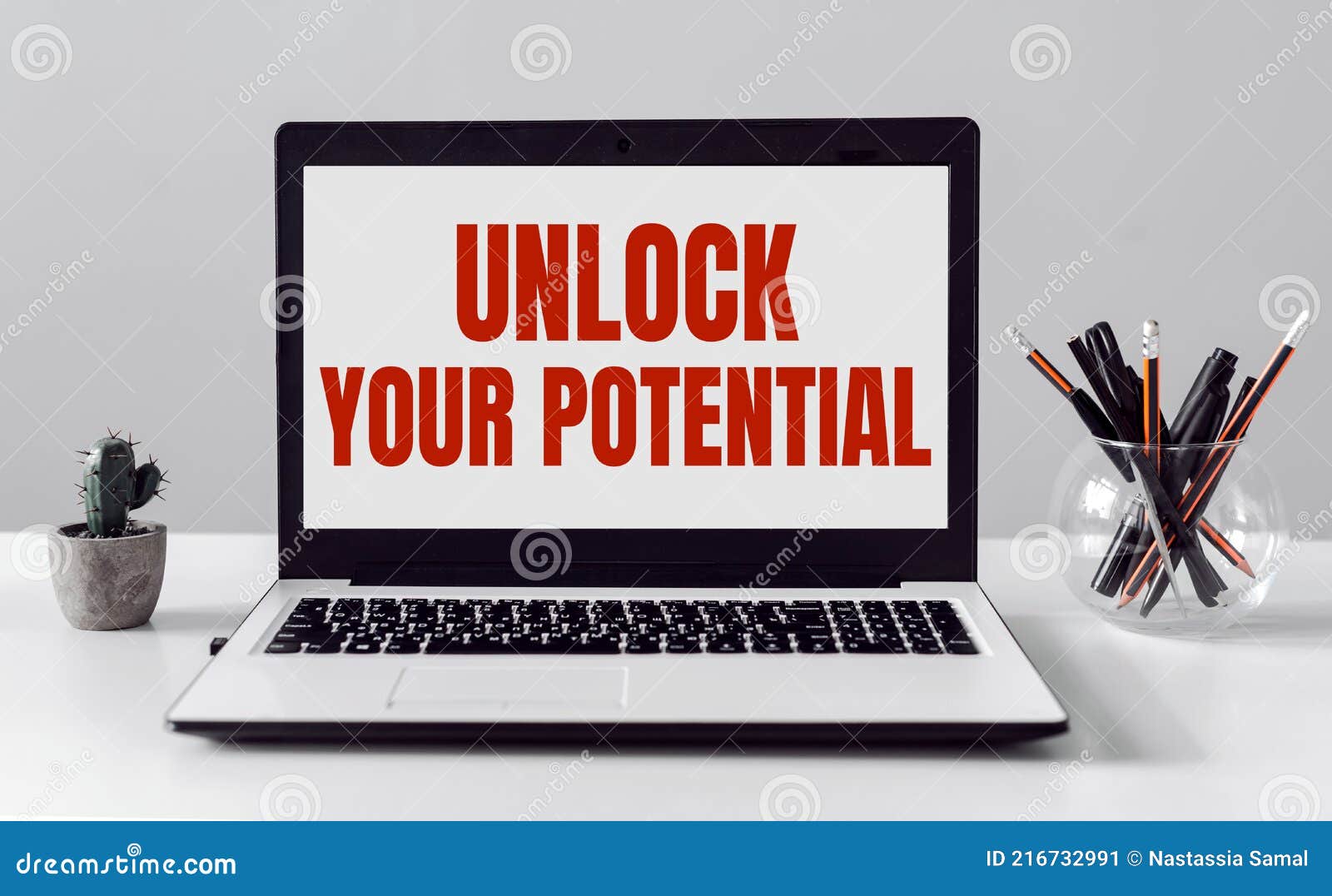 Laptop with UNLOCK YOUR POTENTIAL Text on Modern Office Background Stock  Image - Image of background, skill: 216732991