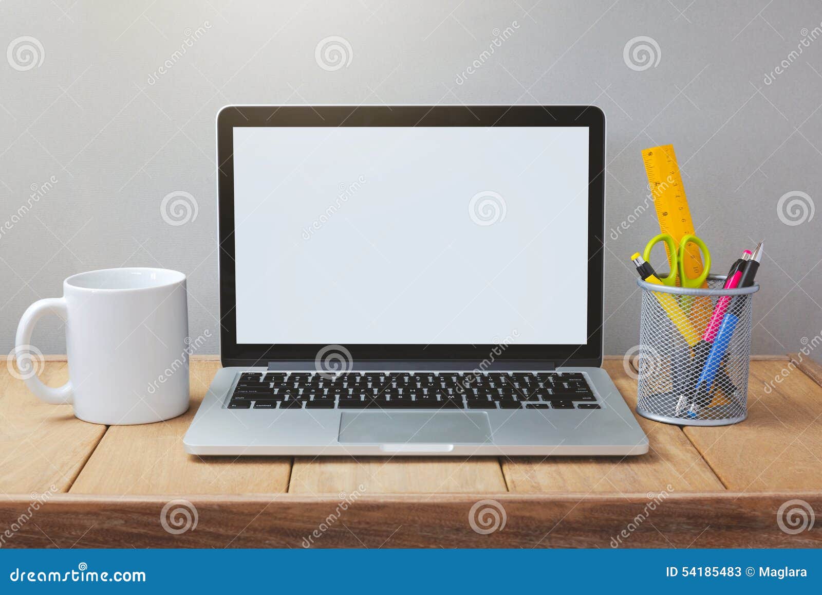 laptop white screen mock up template office desk computer coffee cup pen pens 54185483