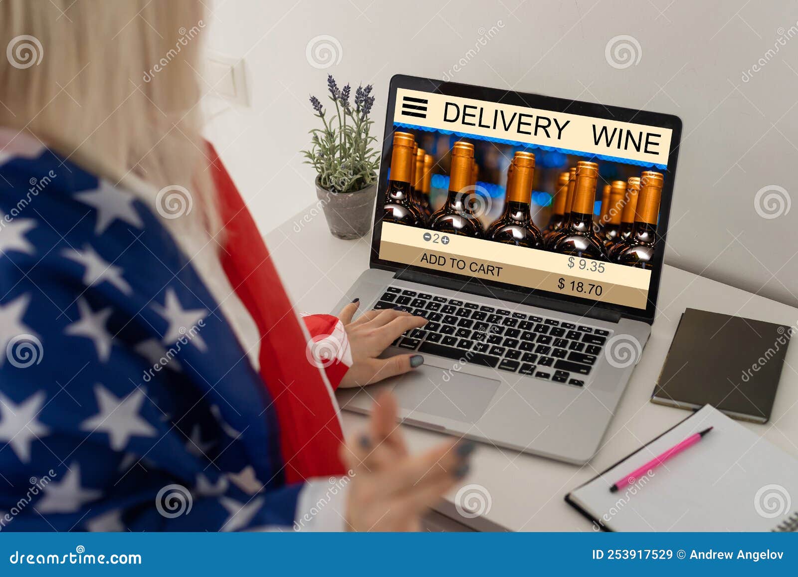 Laptop with Wine Delivery and Usa Flag Editorial Stock Image Image of