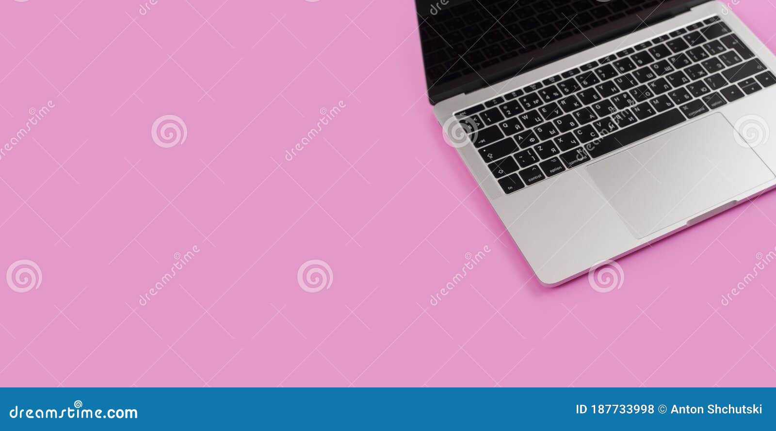 Laptop Workspace Pink Background Office High Angle View Colored Desk Copy Space Table Supplies Top 187733998 