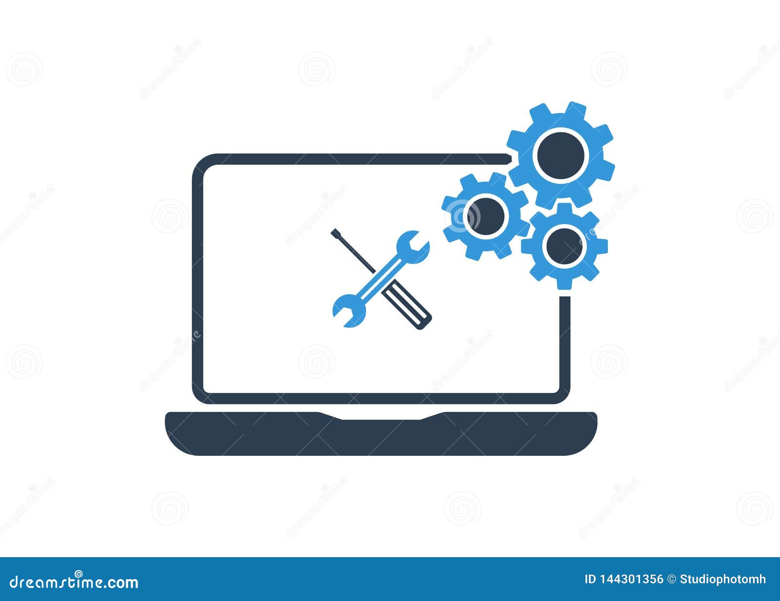 laptop with wrench and screwdriver on screen. computer repair service, technical support. flat .  