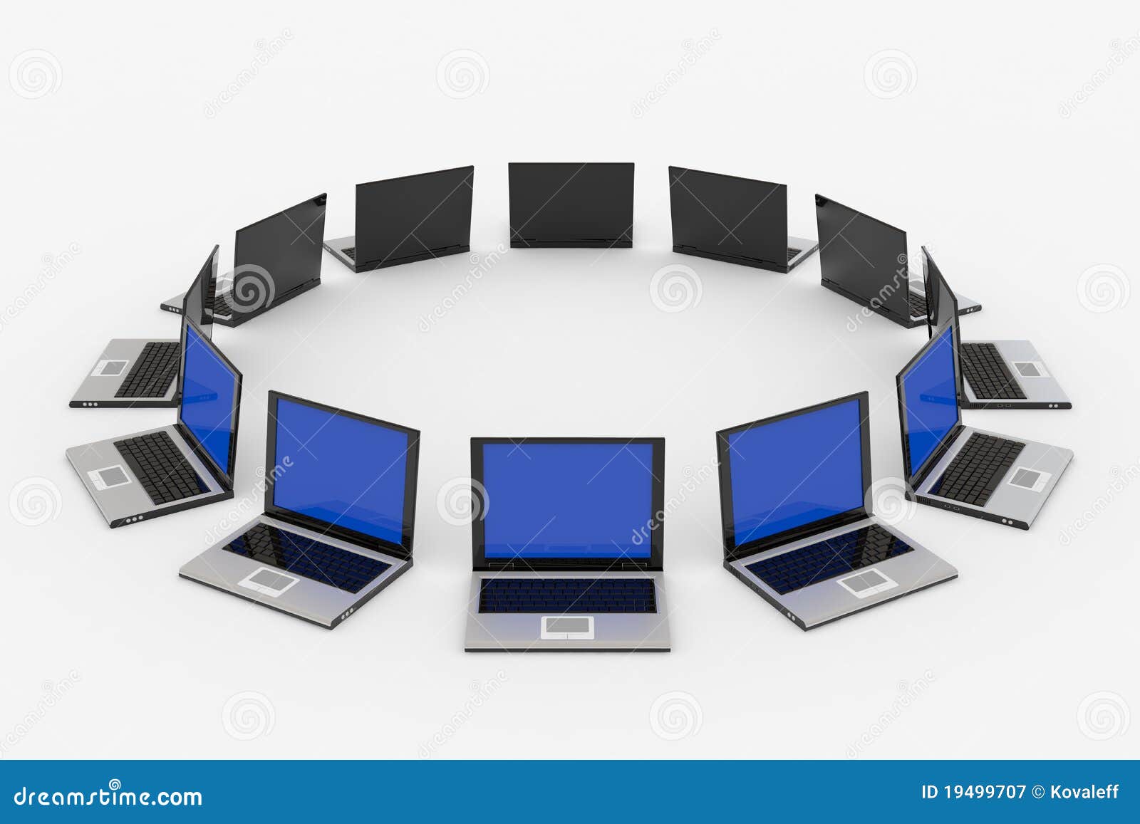 Laptops around the .. stock illustration. Illustration of community