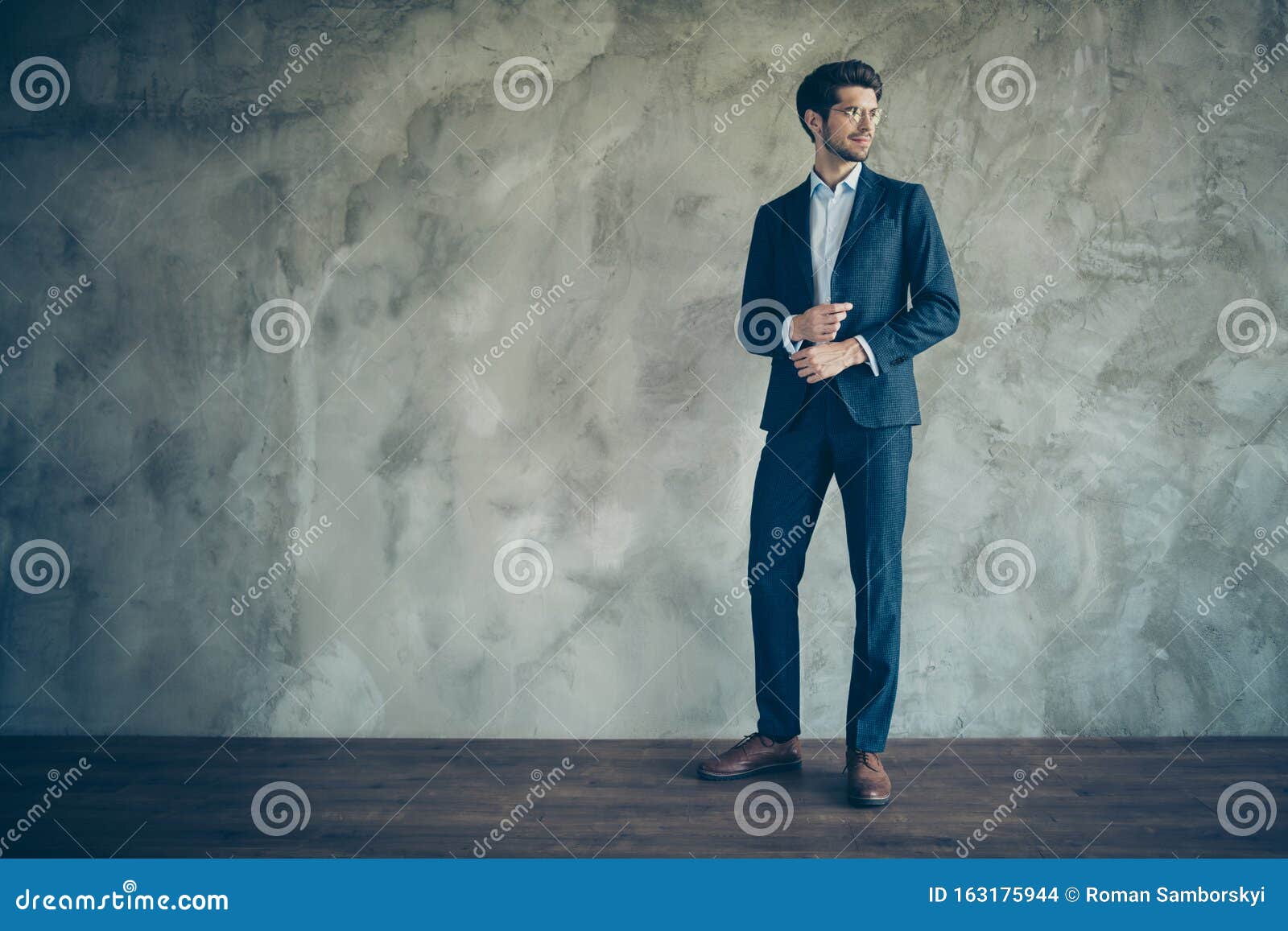 Larga Foto De Perfil De Un Moderno Y Elegante Hombre De Negocios Sobre Un Fondo Gris Sueña Con Su Carrera En Foto de archivo - chaqueta, brutal: 163175944