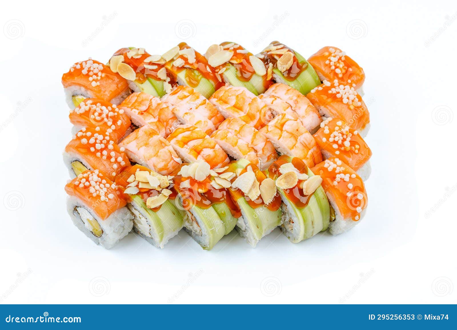 Large Appetizing Set of Rolls Eel and Pear, Phyllo Roll with Shrimp