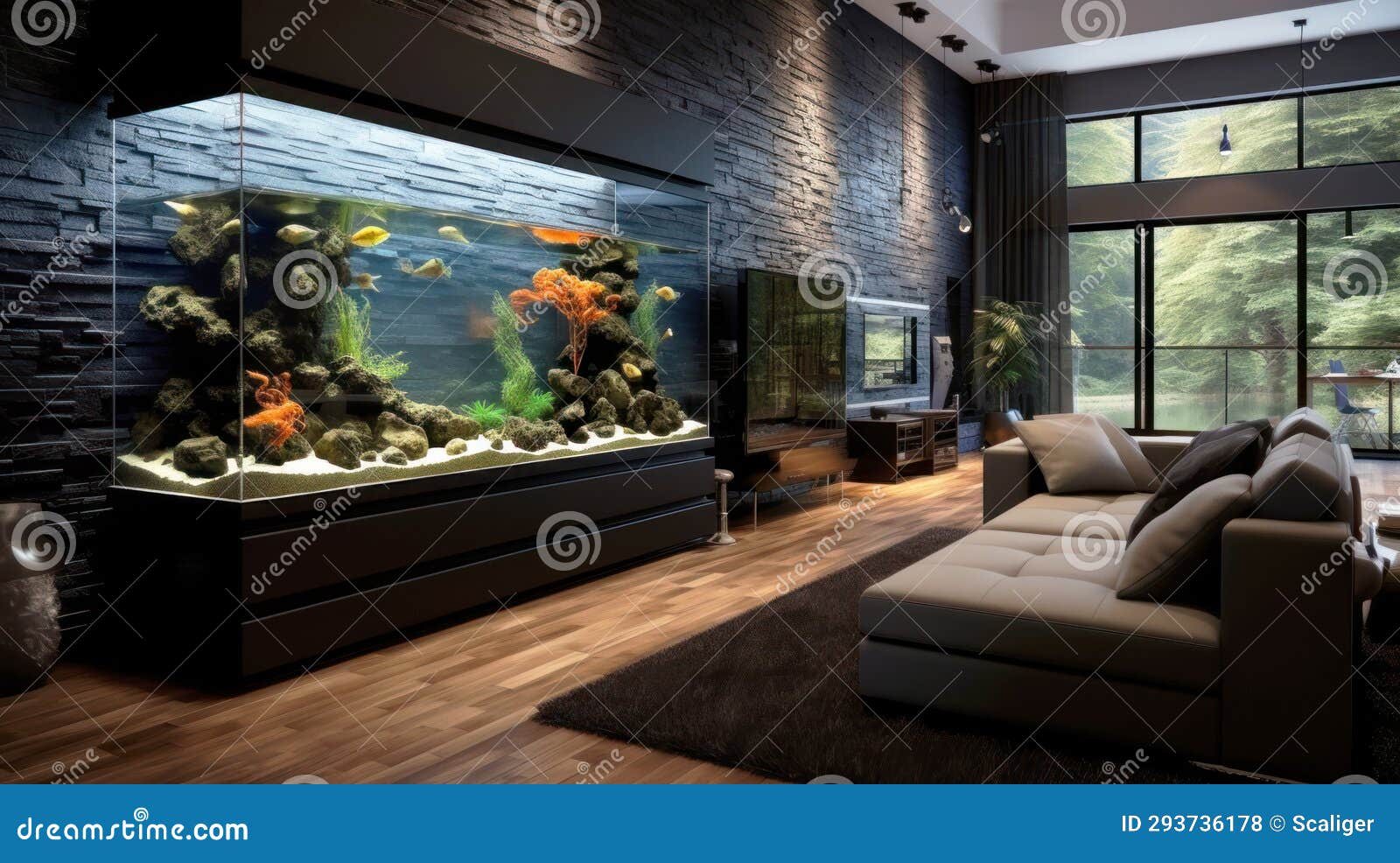 Large Aquarium Inside Modern House, Luxury Living Room Interior, Dark  Design. Lounge of Contemporary Villa or Mansion Stock Illustration -  Illustration of indoor, furniture: 293736178