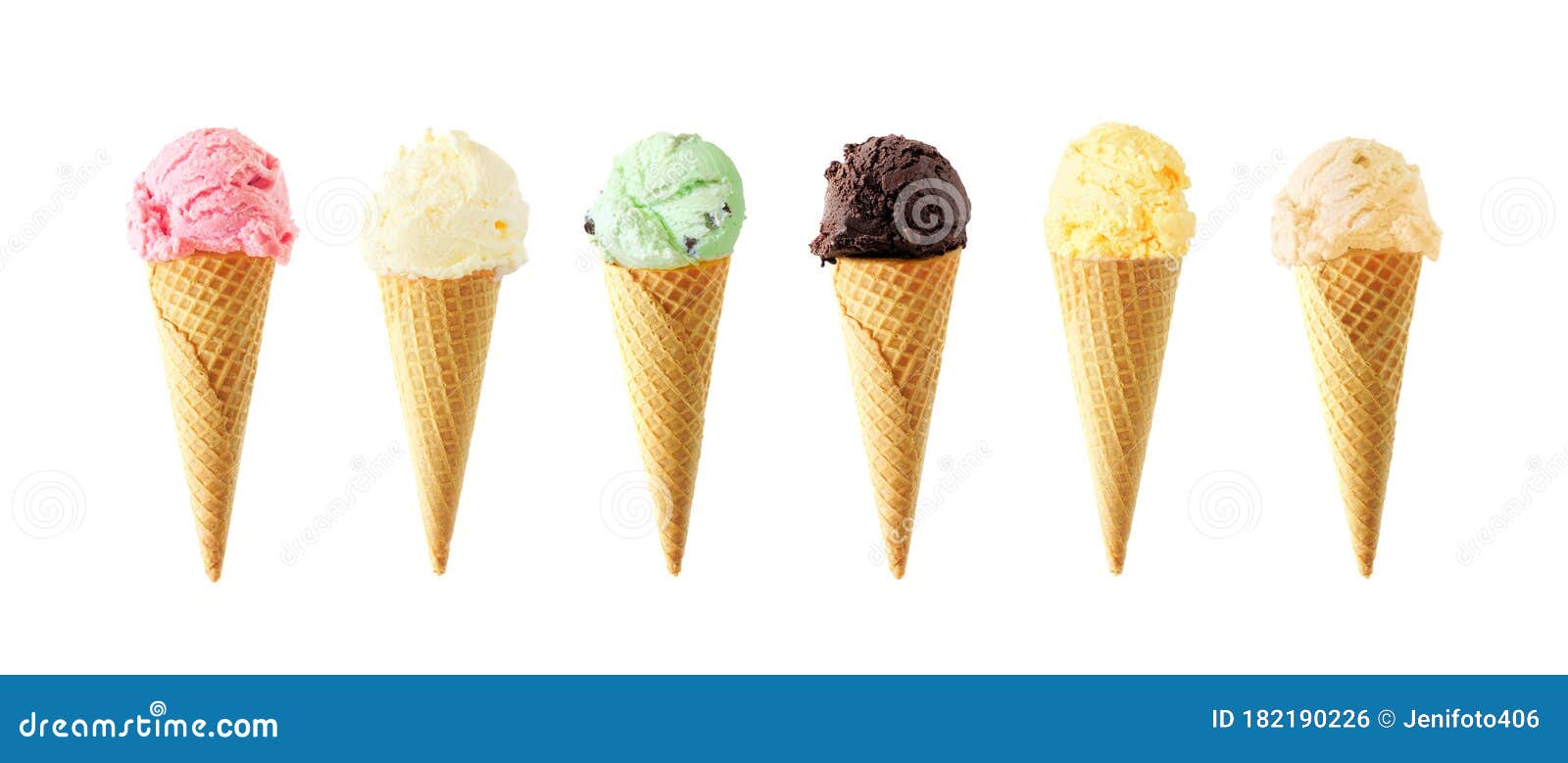 large assortment of ice cream cone flavors  on white