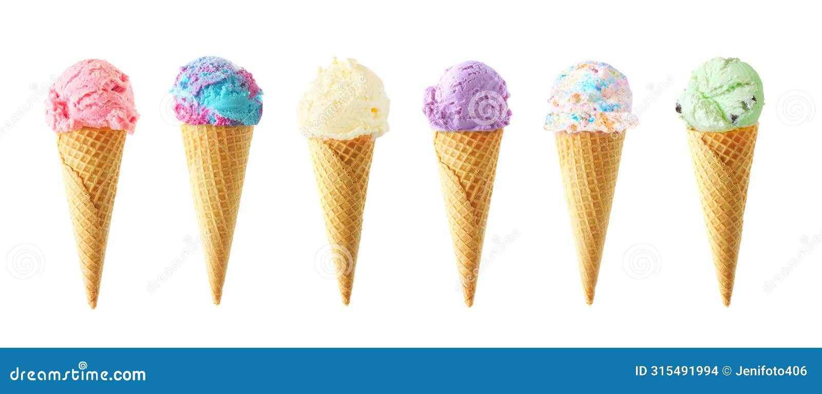 large assortment of ice cream cones  on a white background