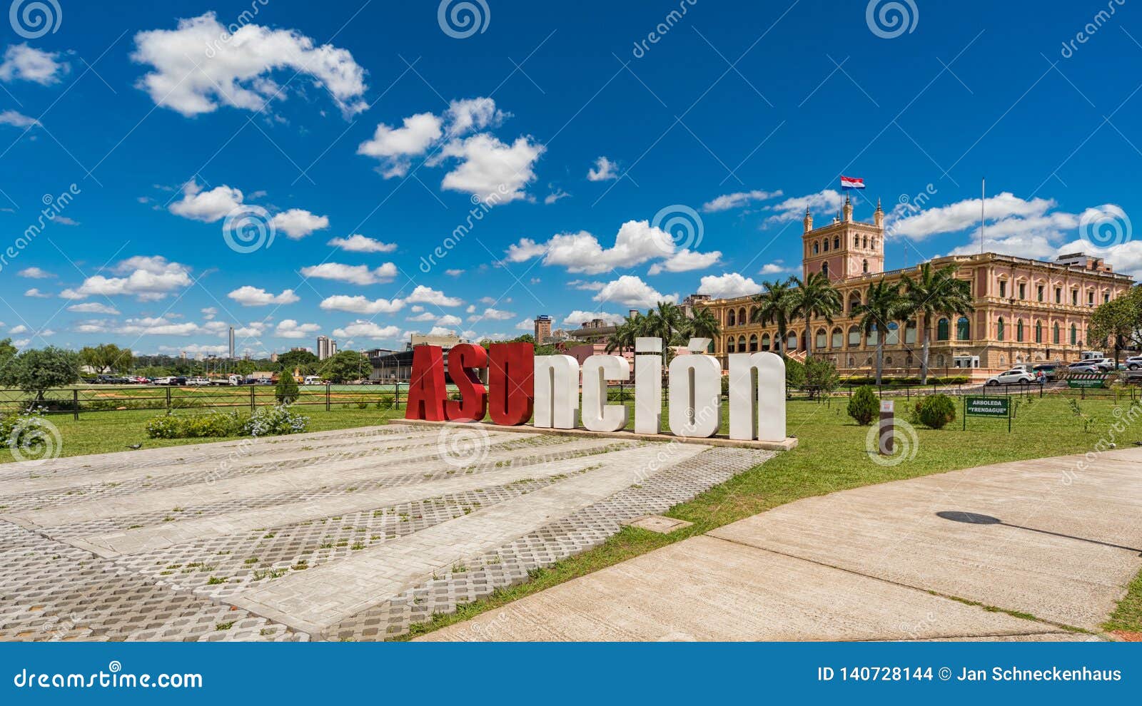 asuncion letters in front of the presidential palace in the capital of paraguay.