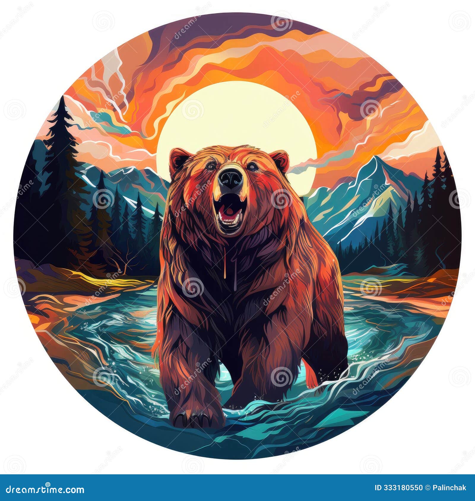 large bear against nature background in a circular frame
