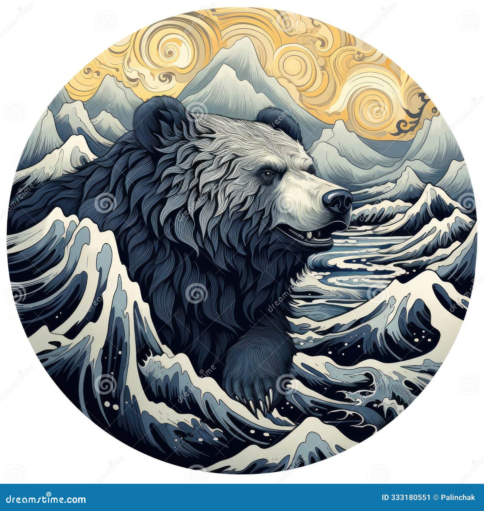 large bear against nature background in a circular frame