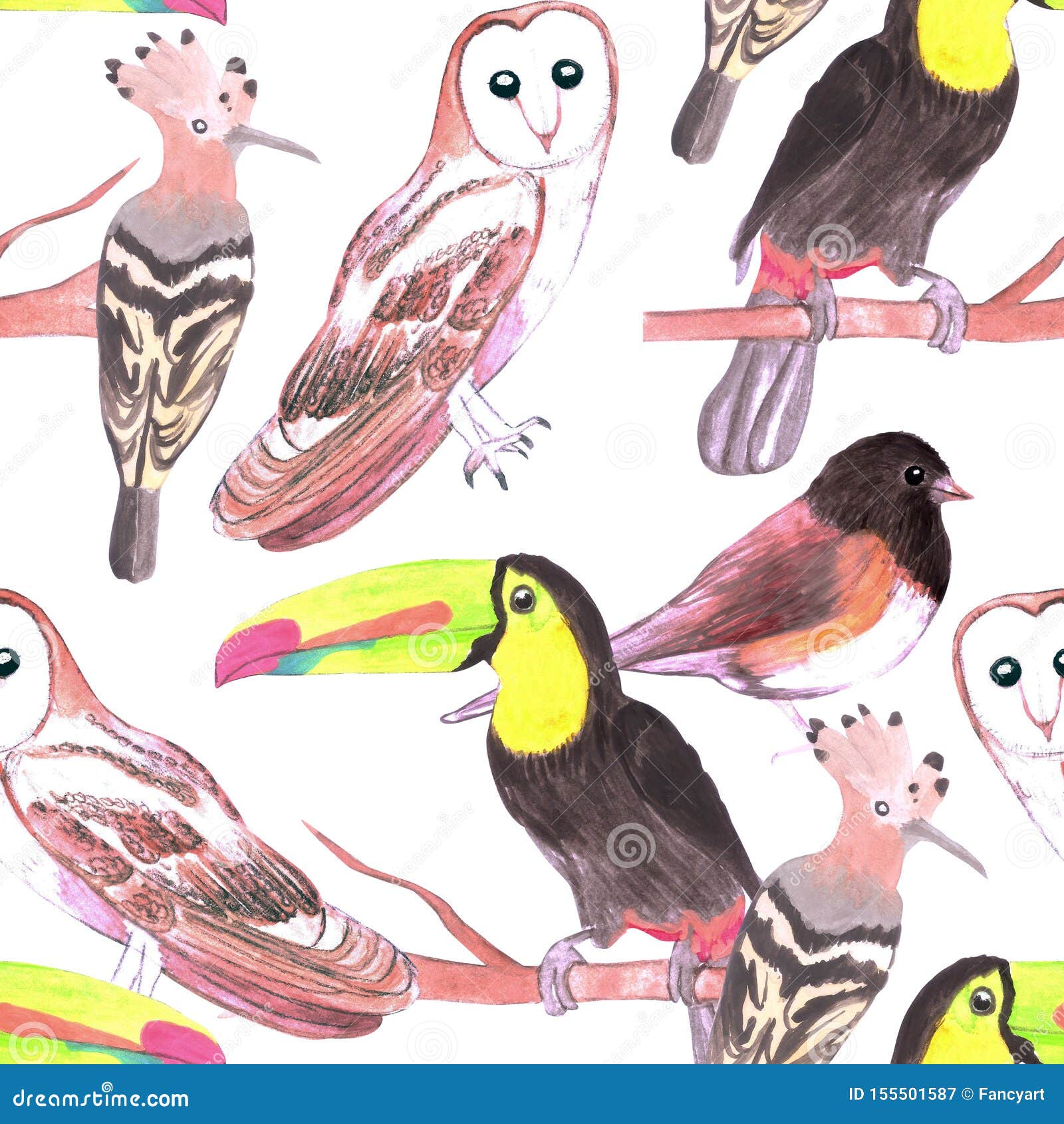 large birds seamless watercolor background- toucans, juncos, hoopoe and barn owl