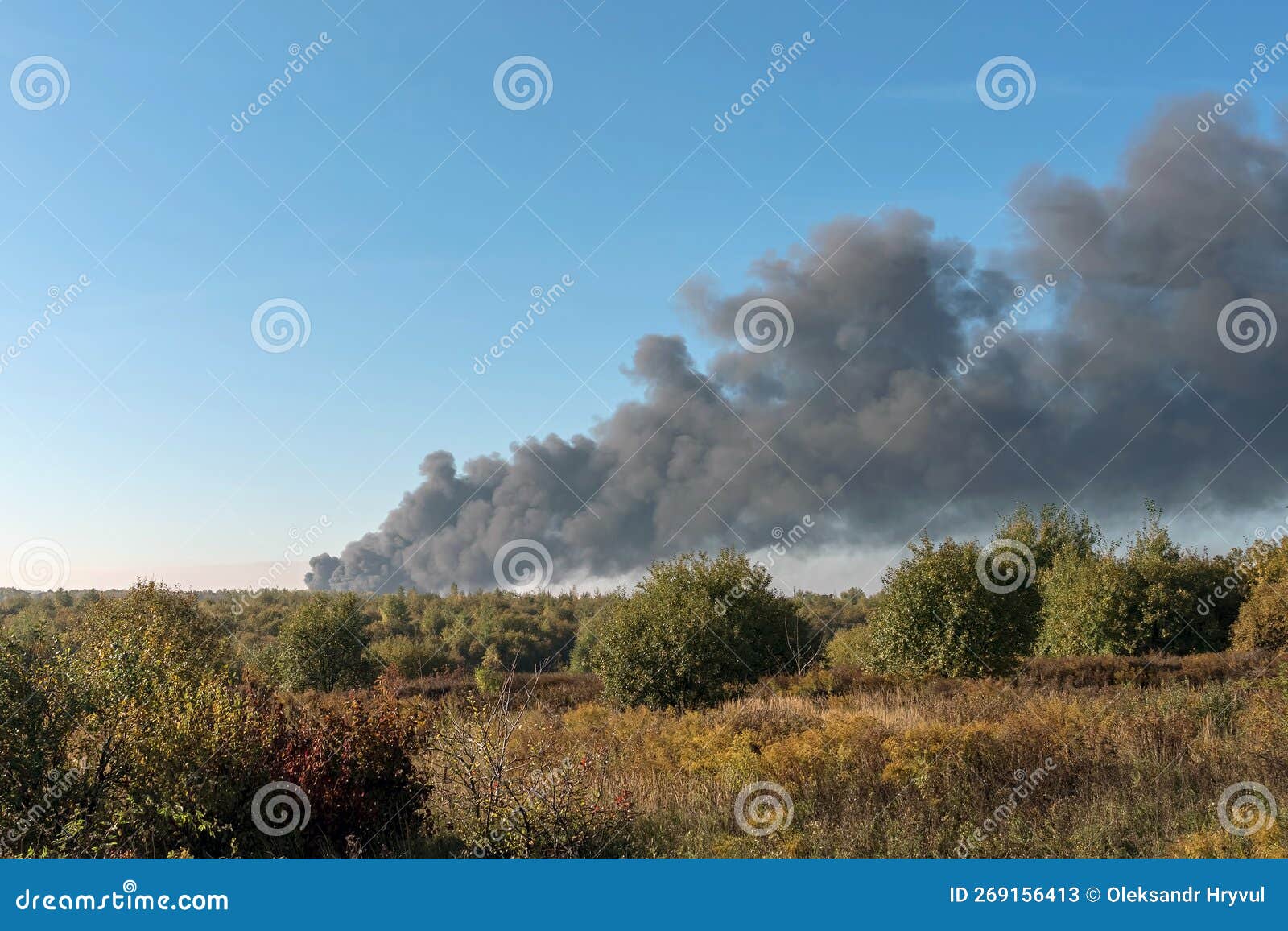 A Large Black Column of Thick Smoke is Visible on the Horizon Stock Image Image of flame