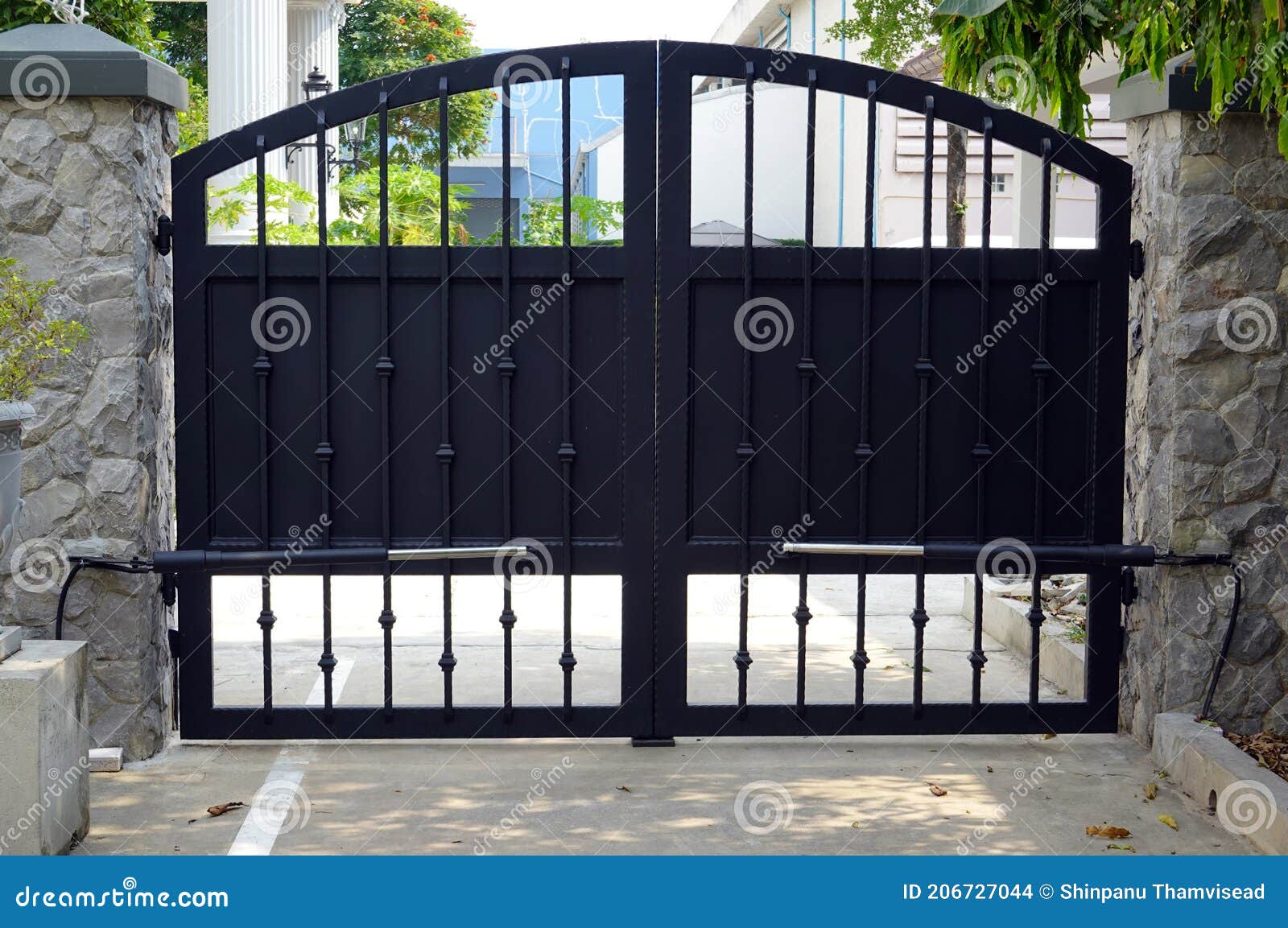 Large Black Gate with Automatic Door Opening and Closing System. Stock