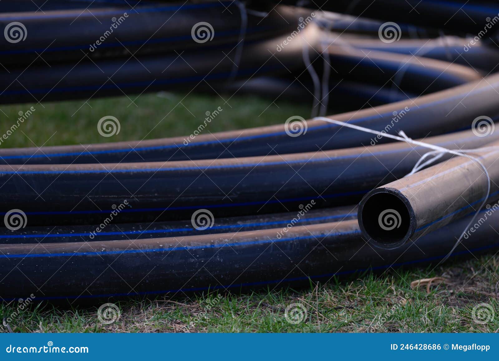 Large Black Plastic Pipes for Water Supply Closeup Stock Photo Image