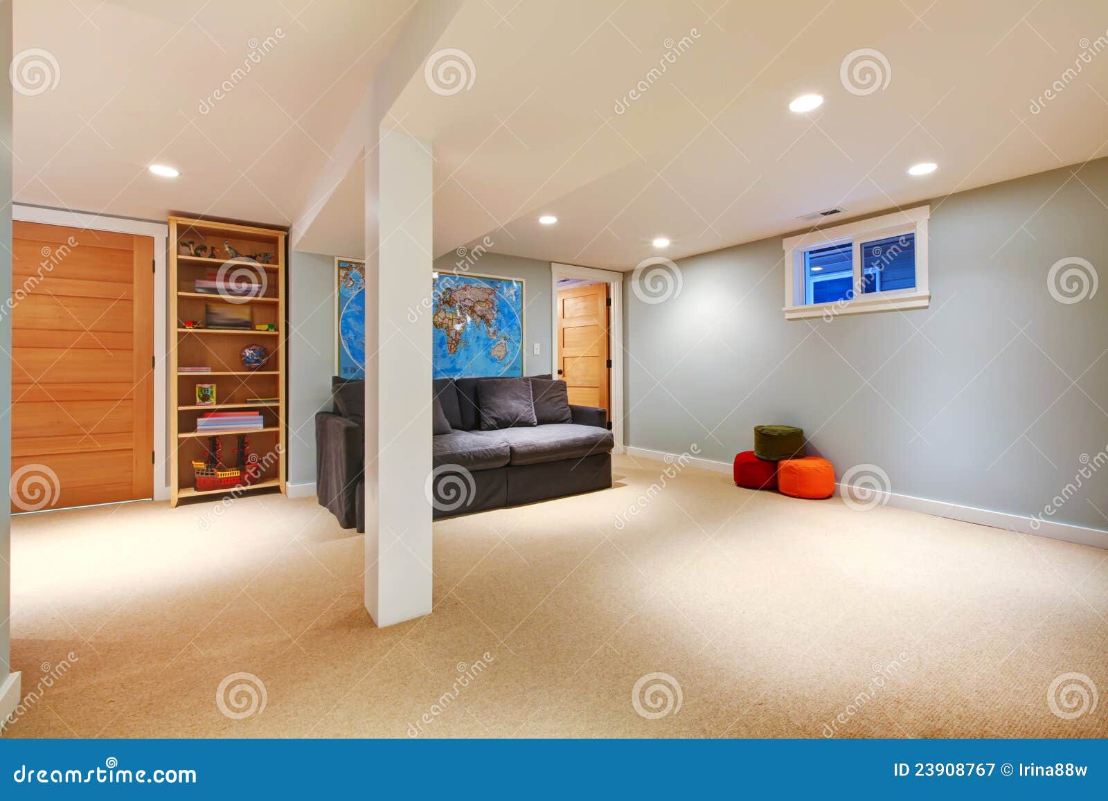 Large Blue Basement Living Room with Sofa. Stock Image Image of