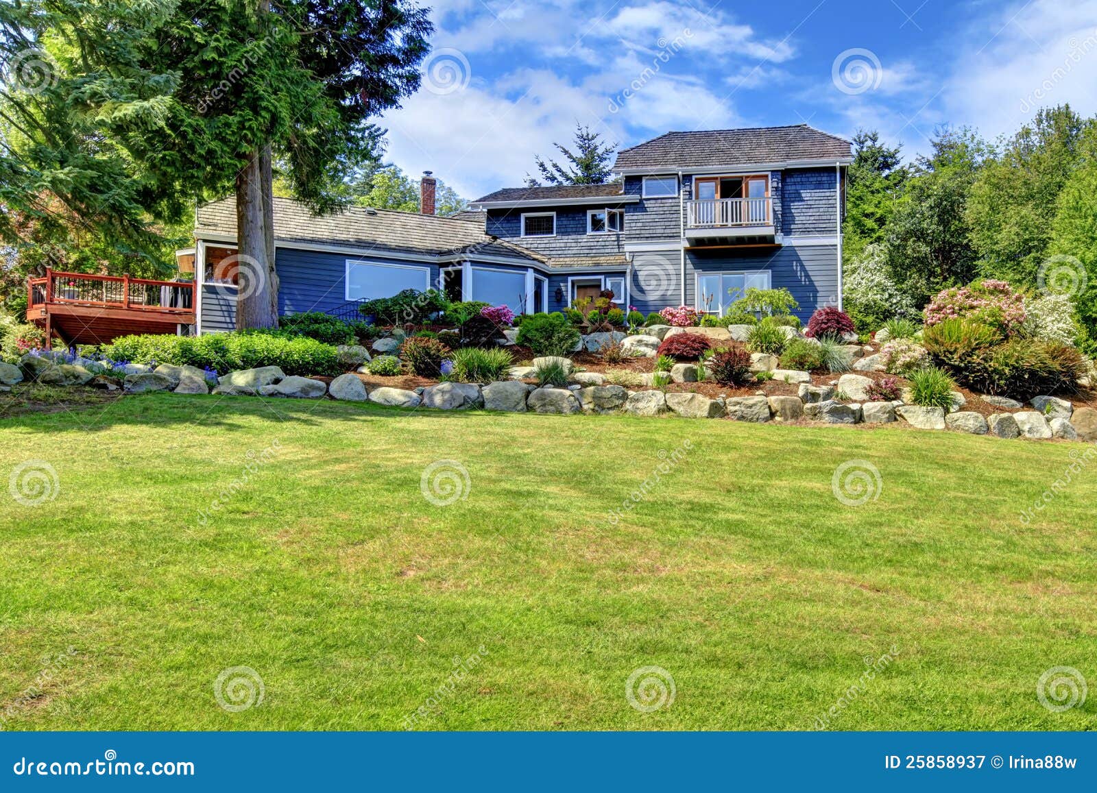 Large Blue House on the Hill with Green Land. Stock Image Image of