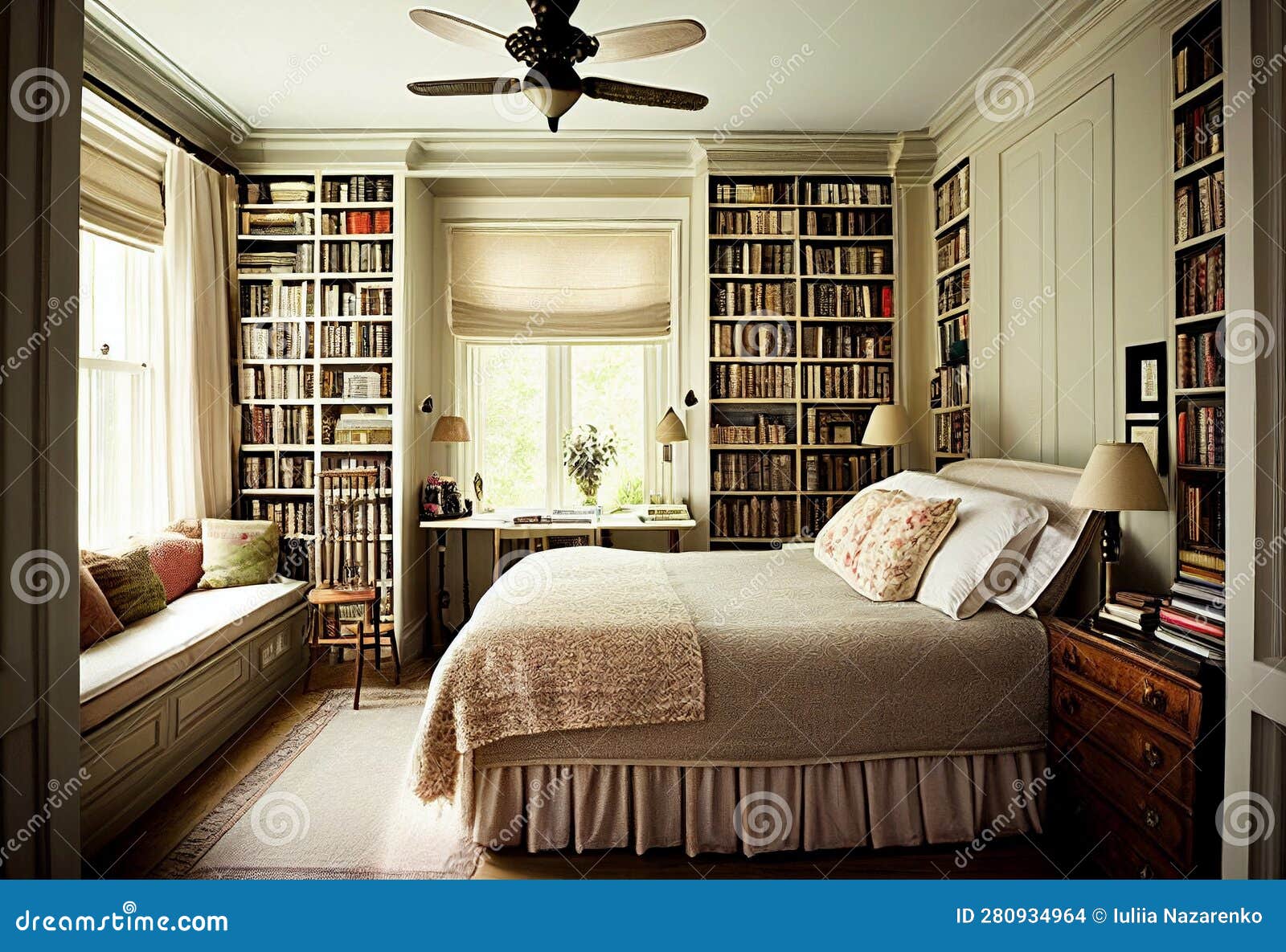 Large Bookshelves Above the Bed. AI Generated Stock Photo Image of