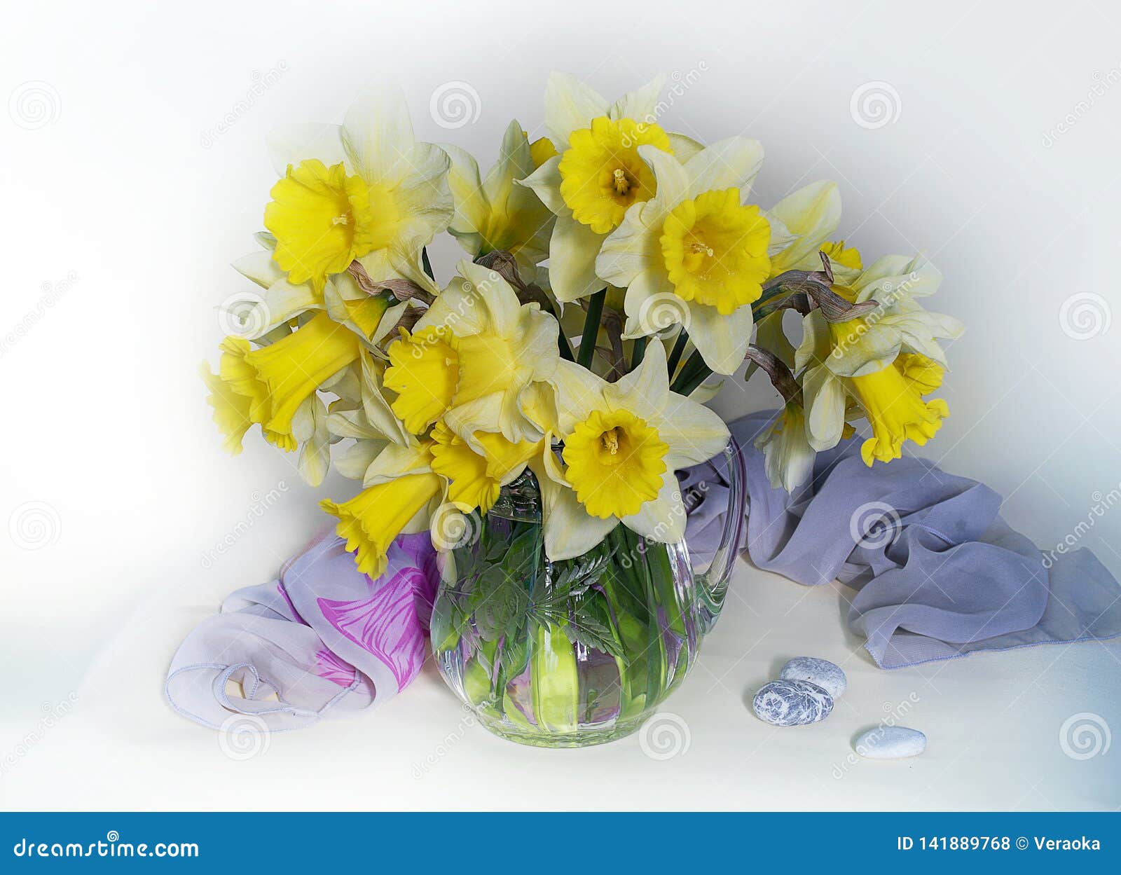 A Large Bouquet of Daffodils in a Vase on a Colorful Background.Spring ...