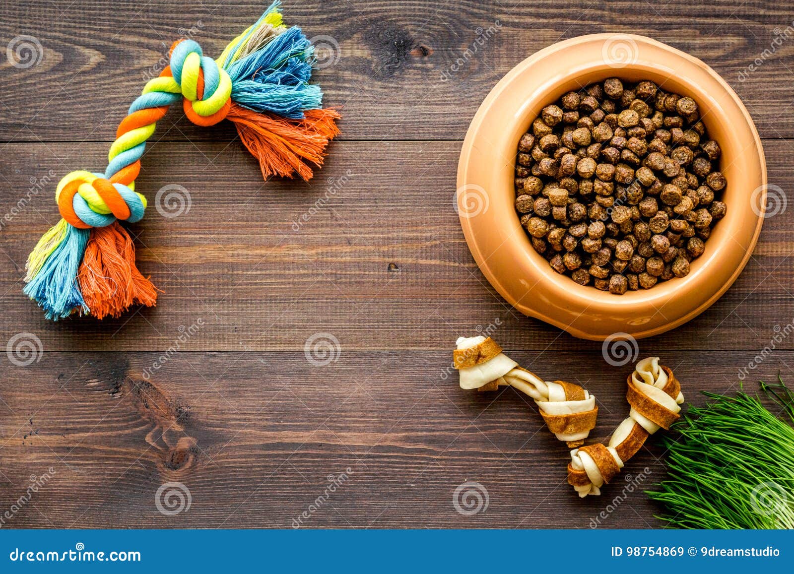 Download Large Bowl Of Pet - Dog Food With Toys On Wooden ...