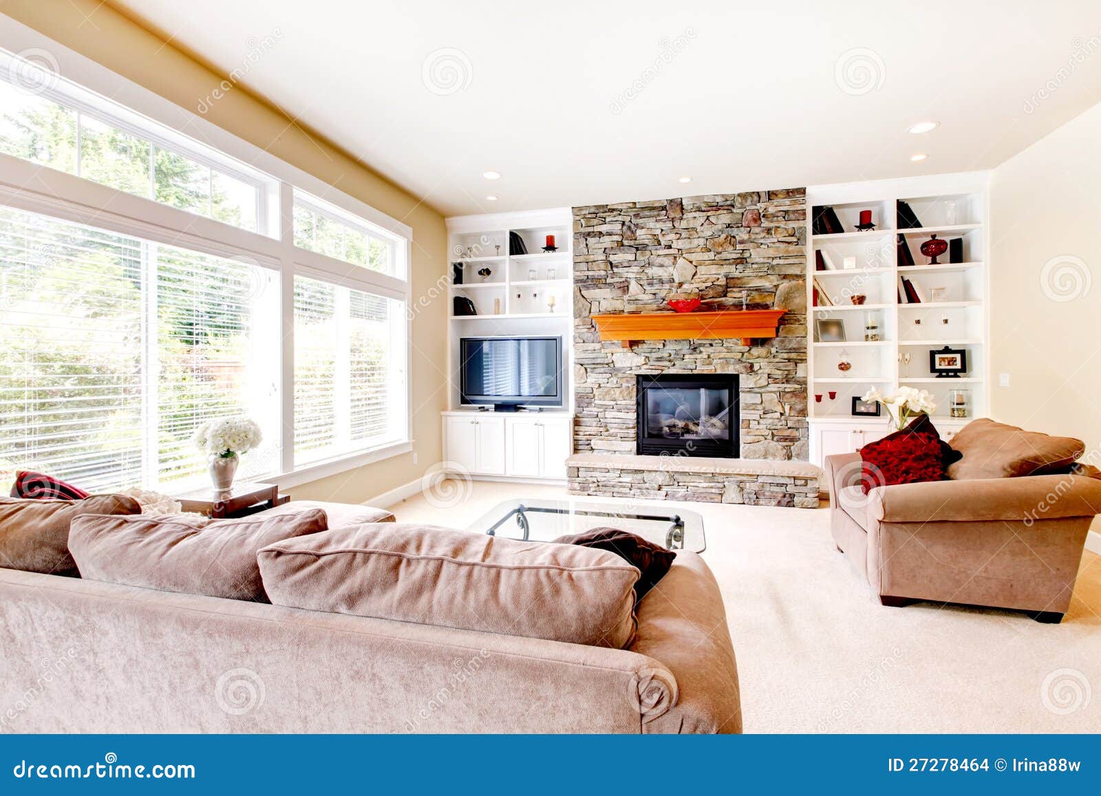 Large Bright Living Room with Fireplace Stock Photo Image of family