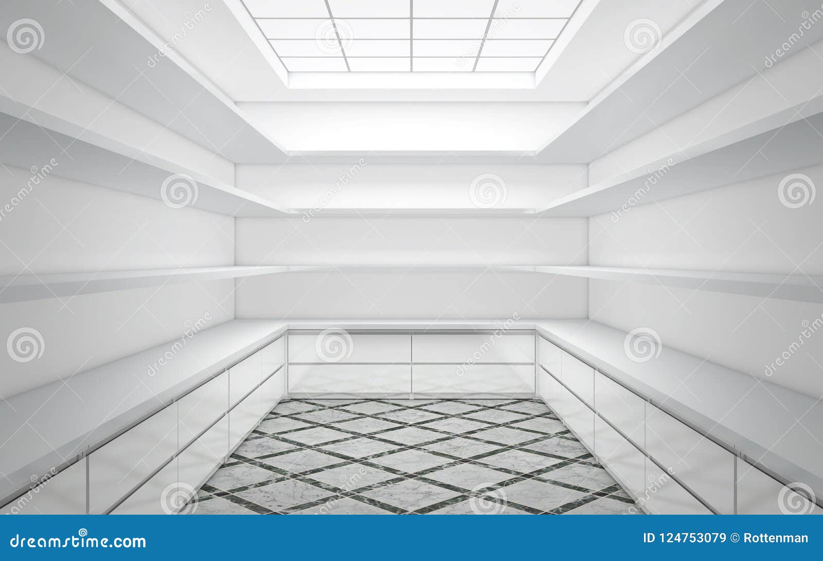 large bright wardrobe room with empty shelves
