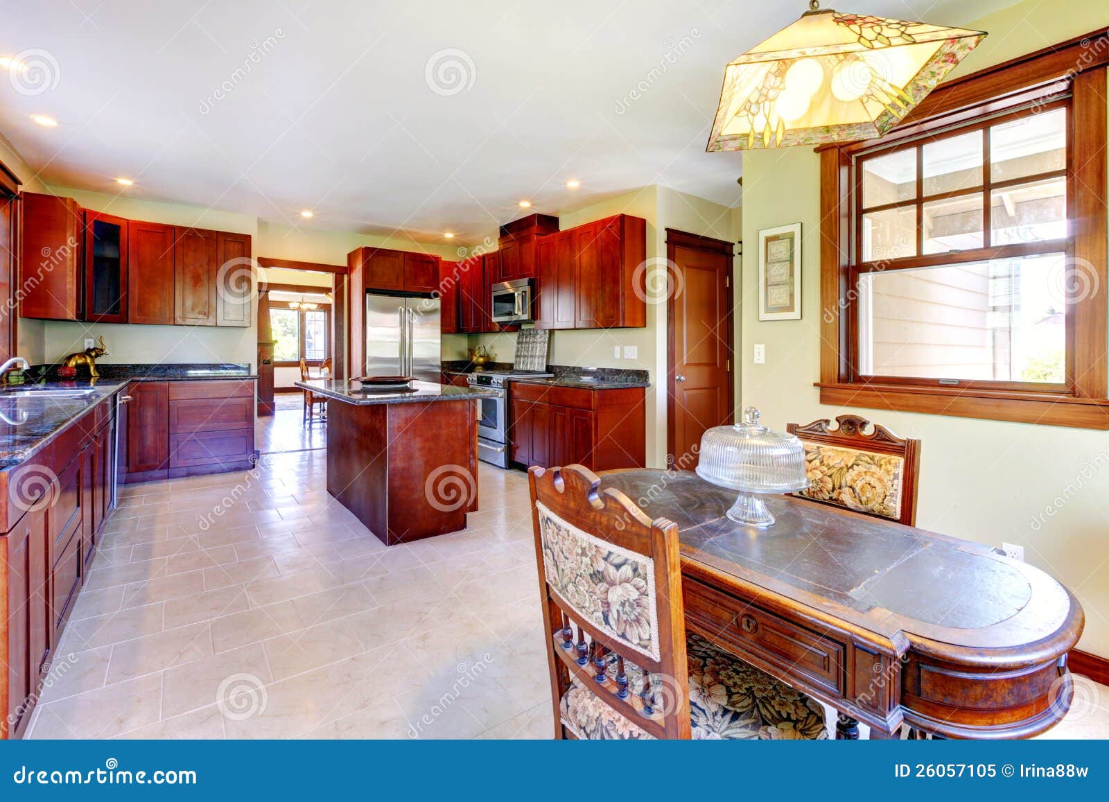 Large Chery Wood Kitchen With Dining Room Table. Royalty ...
