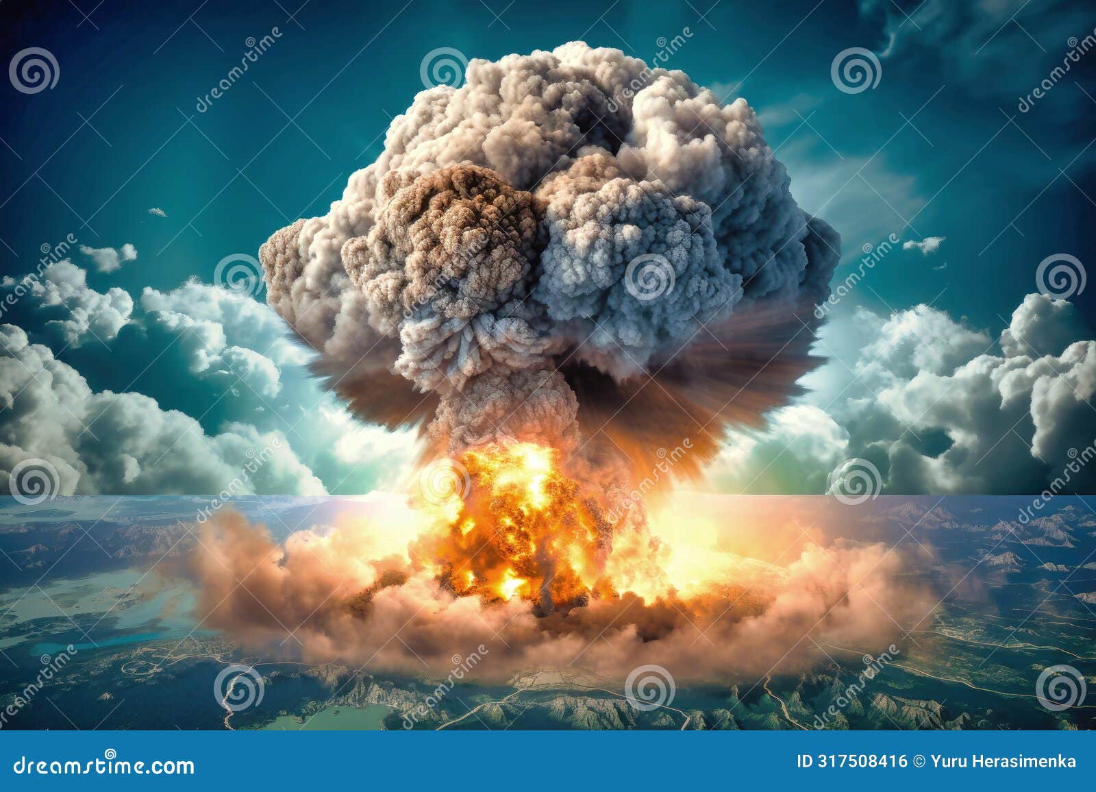 a large cloud of smoke billows upwards from the vast expanse of the ocean, creating a mesmerizing sight against the backdrop of