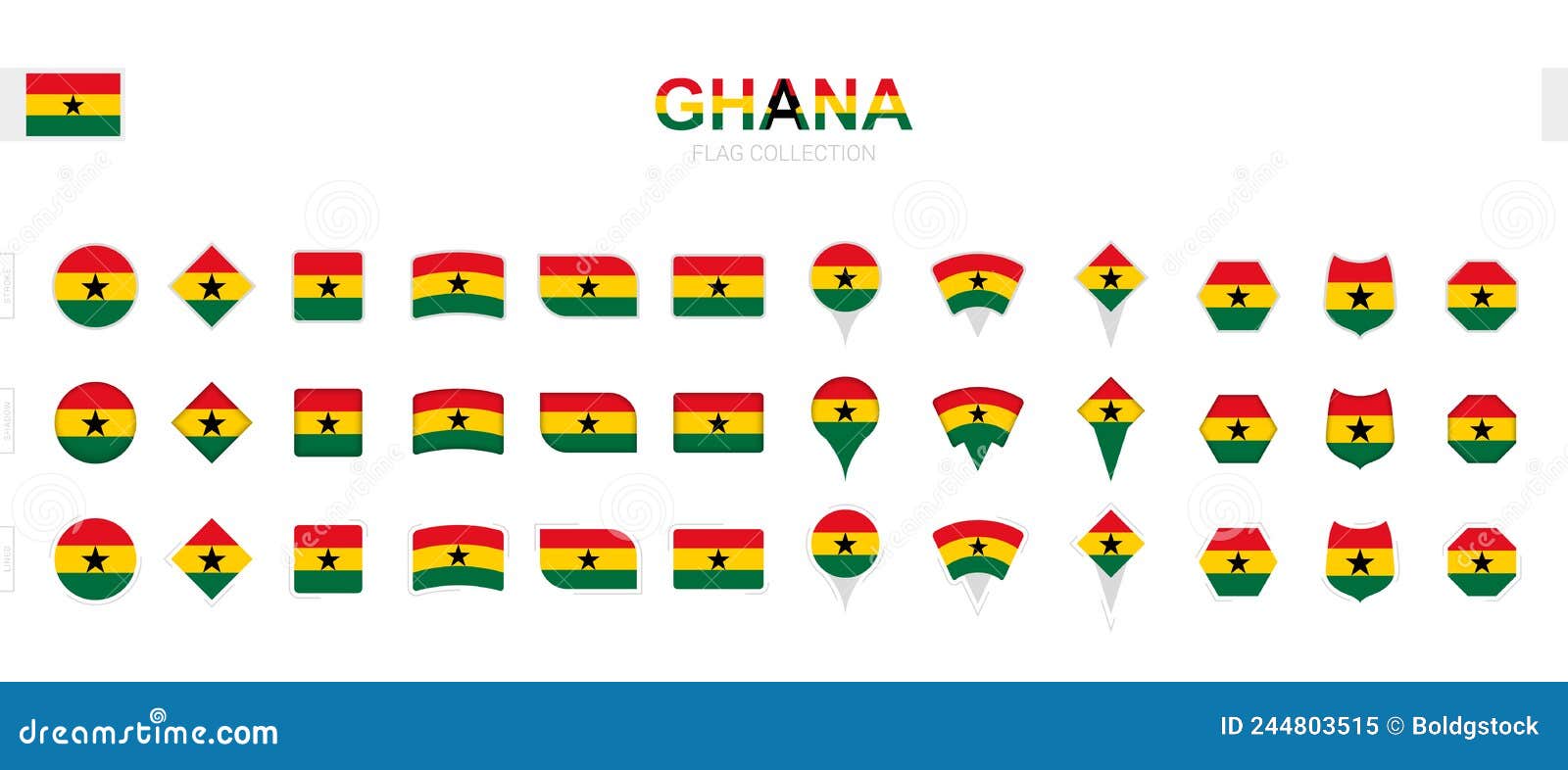 Collection Of Ghana National Flags Isolated In Official Colors And Map
