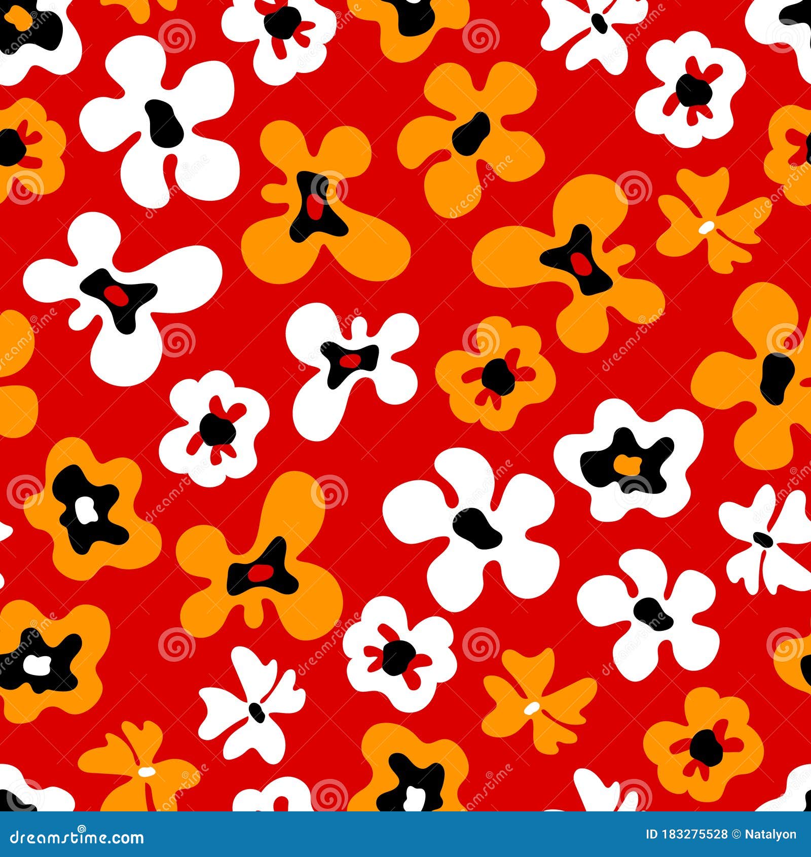 Large Colorful White and Orange Bold Flowers on Red, Seamless Pattern