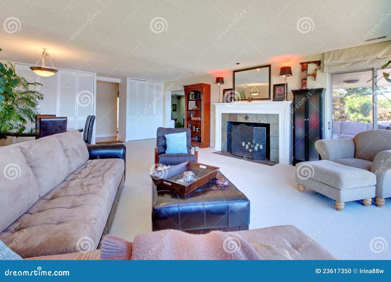 Large Comfortable Living Room with Large Brown Sofa. Stock Photo Image of building, indoor