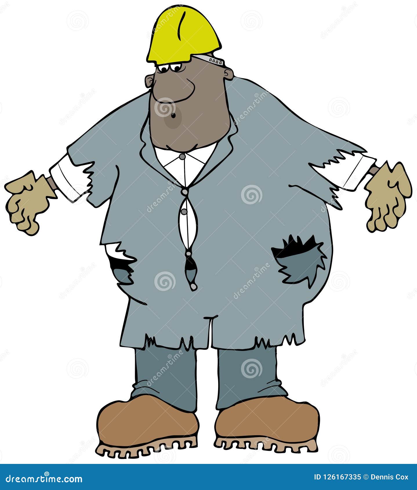 large construction worker wearing old, tattered coveralls
