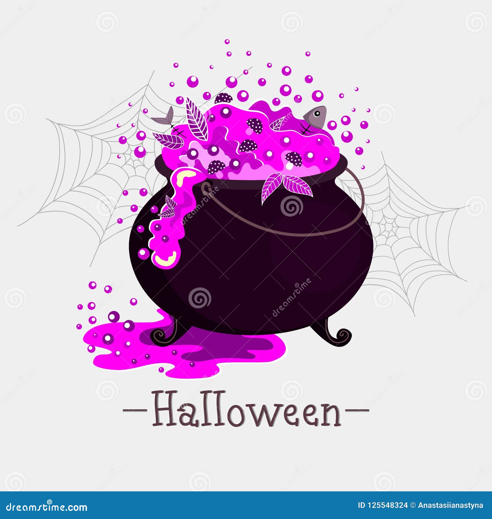 illustration for halloween boiling purple drink with mushrooms leaves and fish bones in cauldron lettering