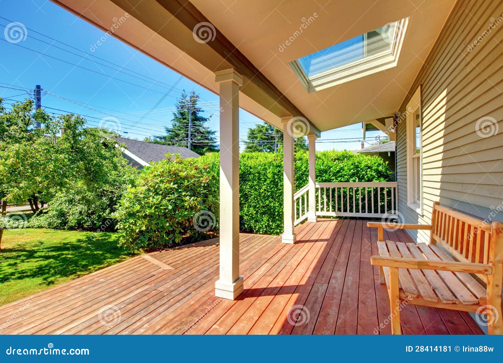 Large Covered Porch With Skylight And Wood Bench And Floor ...