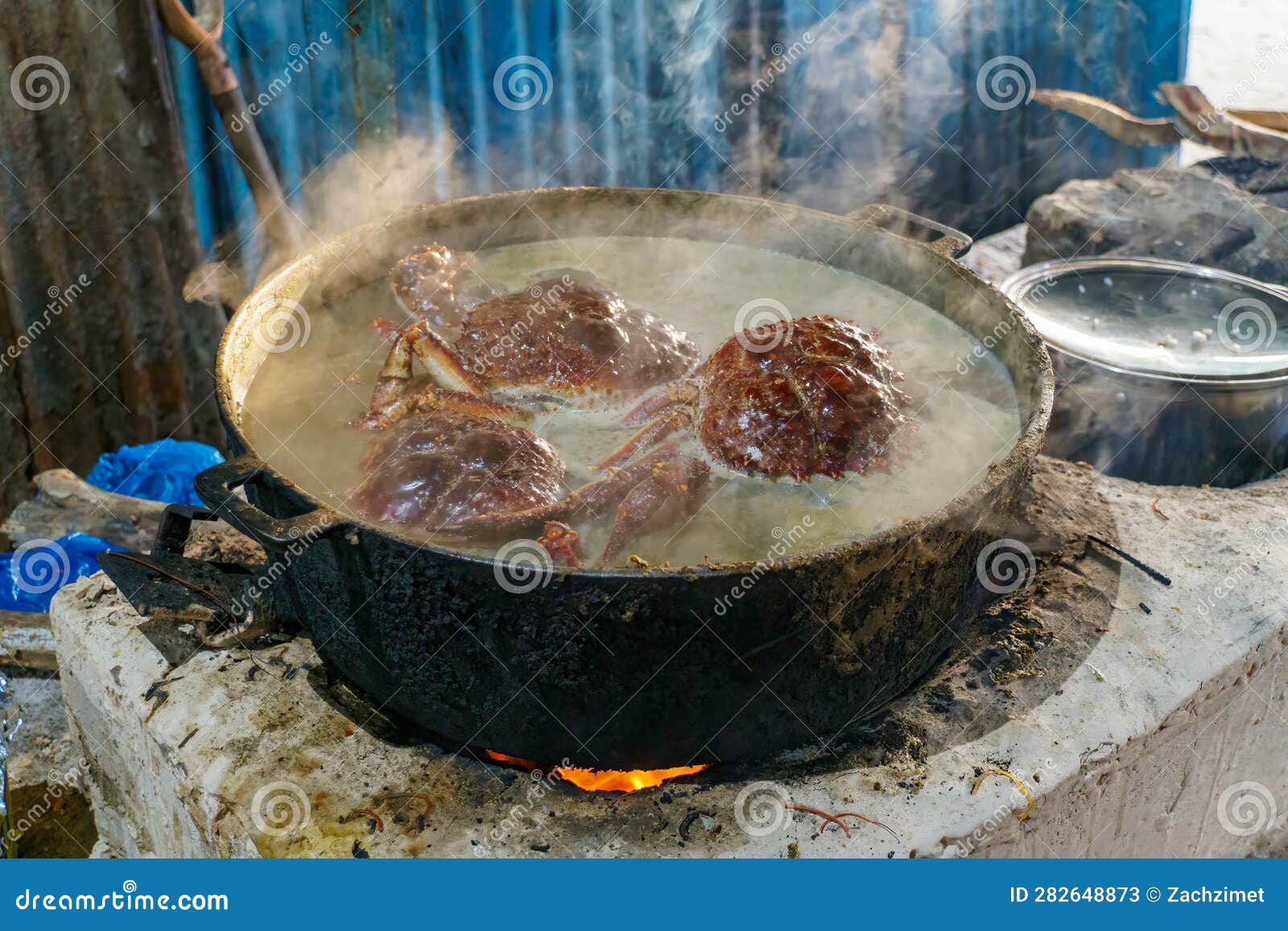Large Crabs Being Boiled in an Iron Pot in a Rustic Kitchen Stock Image
