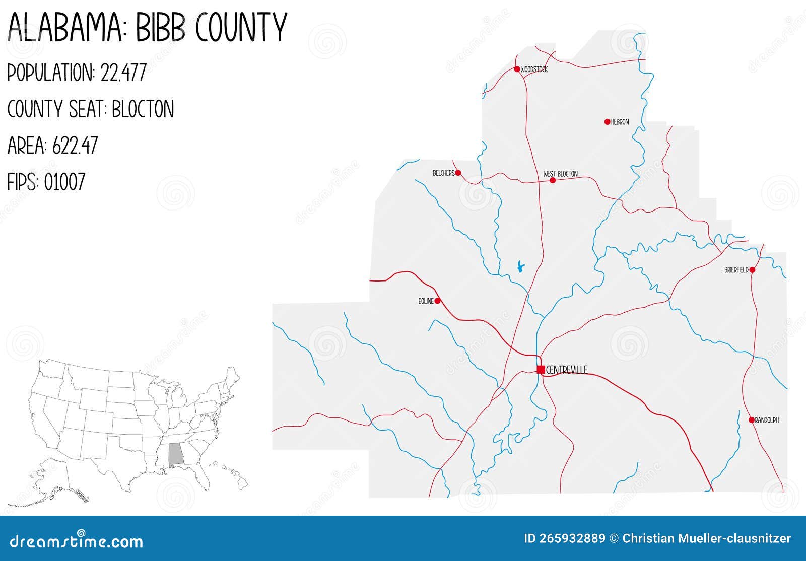Map of Bibb County in Alabama, USA. Stock Vector Illustration of city
