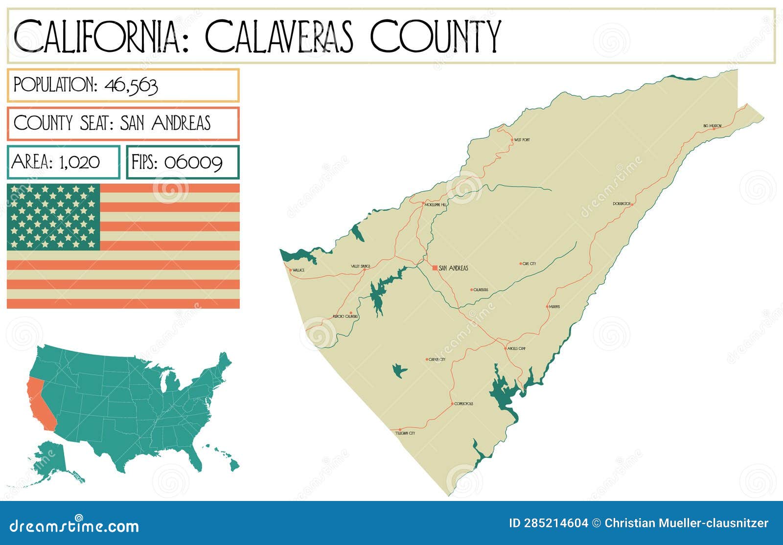 Large and Detailed Map of Calaveras County in California Stock