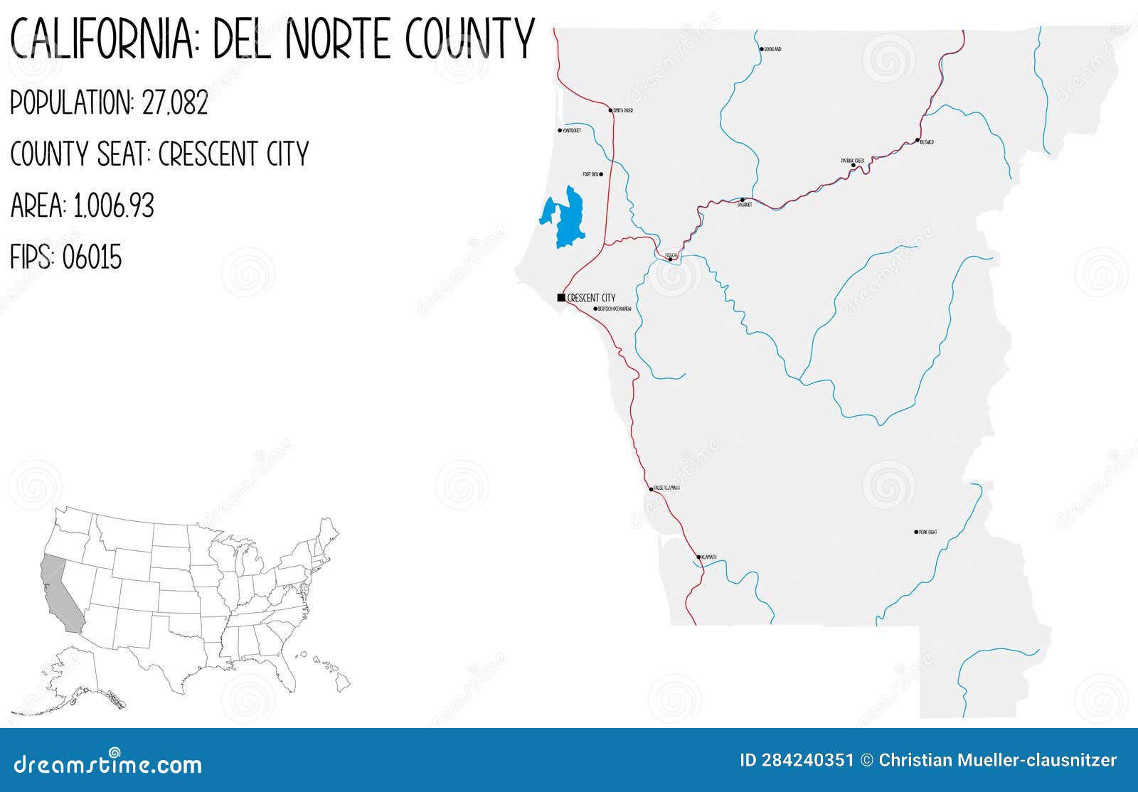 map of del norte county in california, usa.