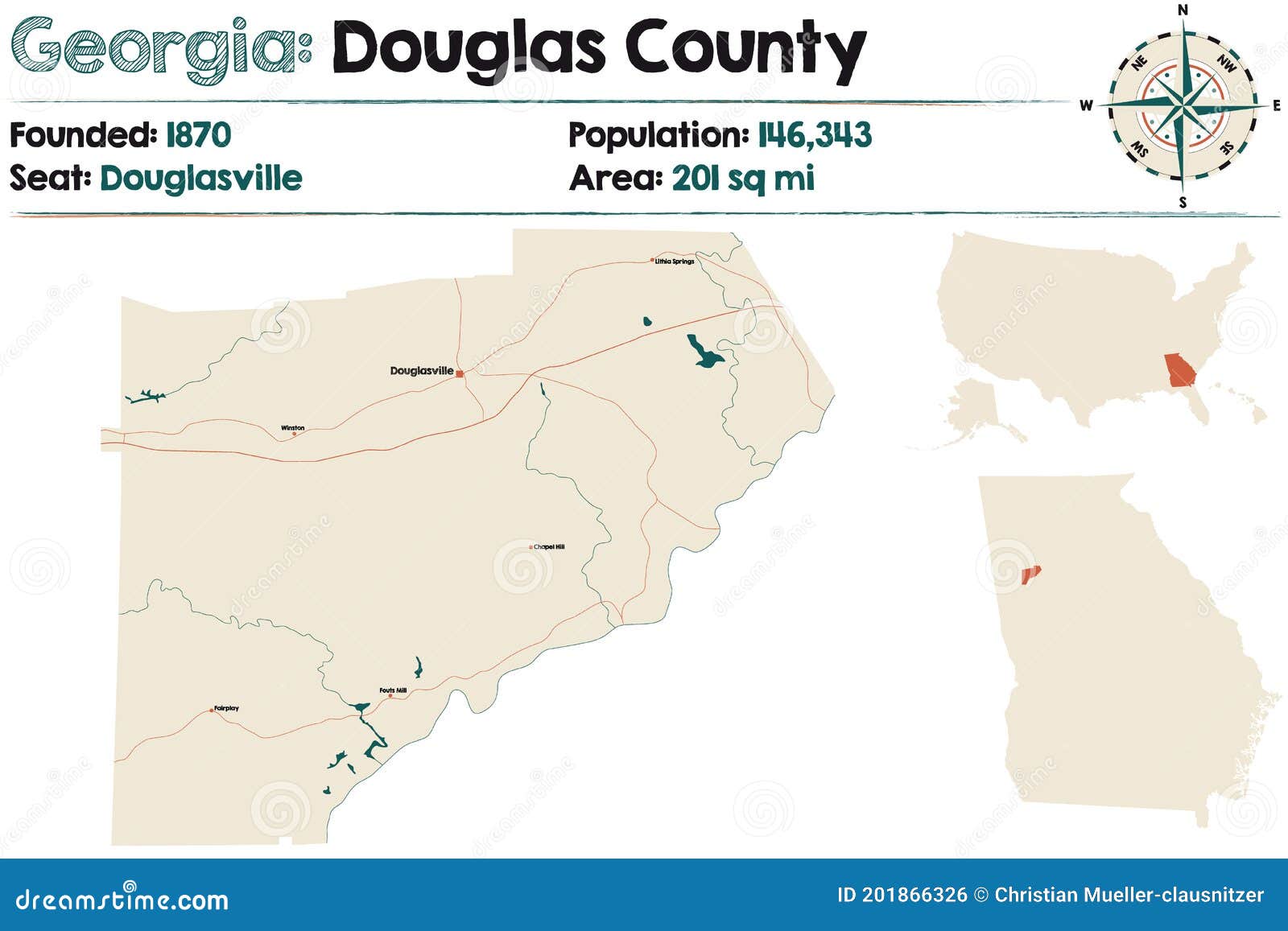 Map of Douglas County in Stock Vector Illustration of nation