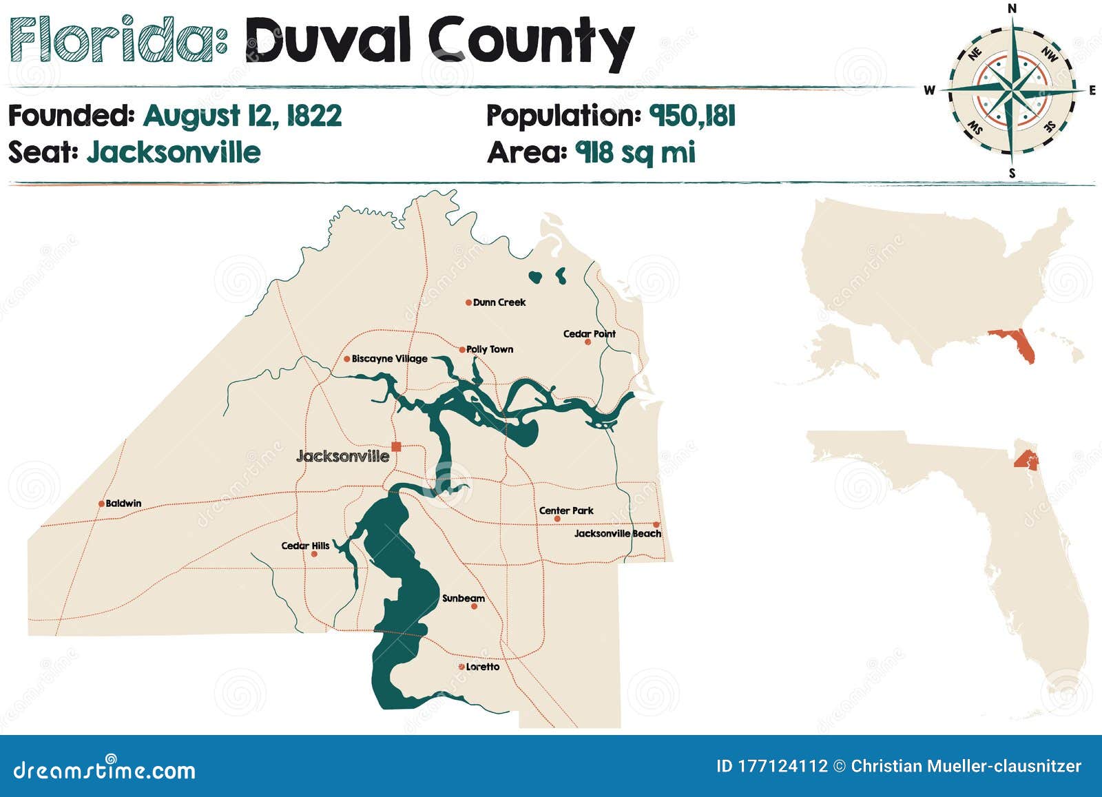 Map of Duval County in Florida Stock Vector Illustration of
