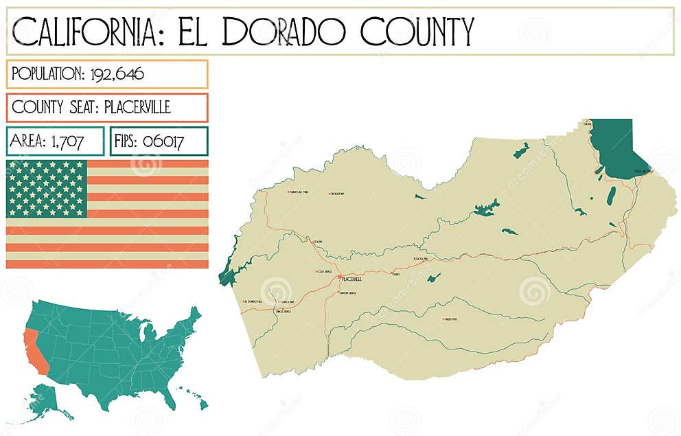 Large and Detailed Map of El Dorado County in California Stock