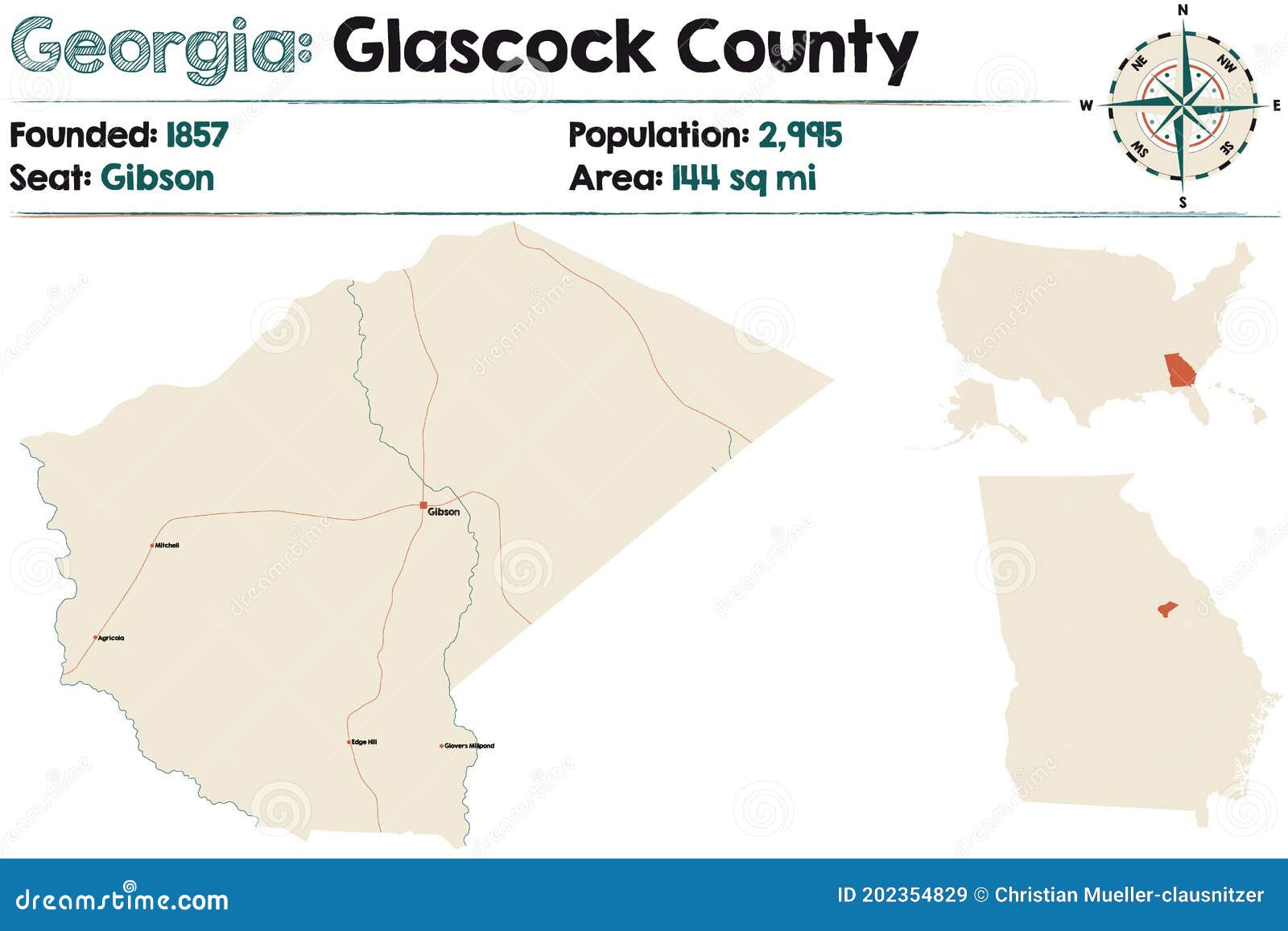 Map of Glascock County in Stock Vector Illustration of