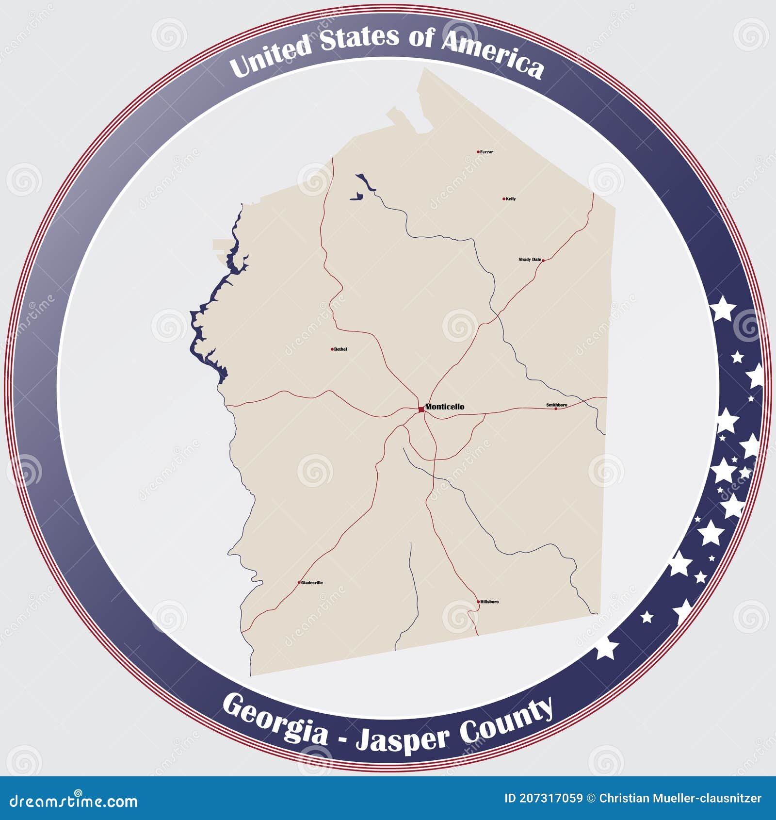 Map of Jasper County in Stock Vector Illustration of american
