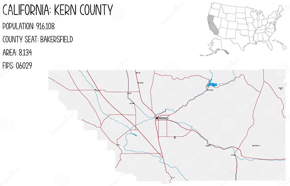 Large and Detailed Map of Kern County in California Stock Vector